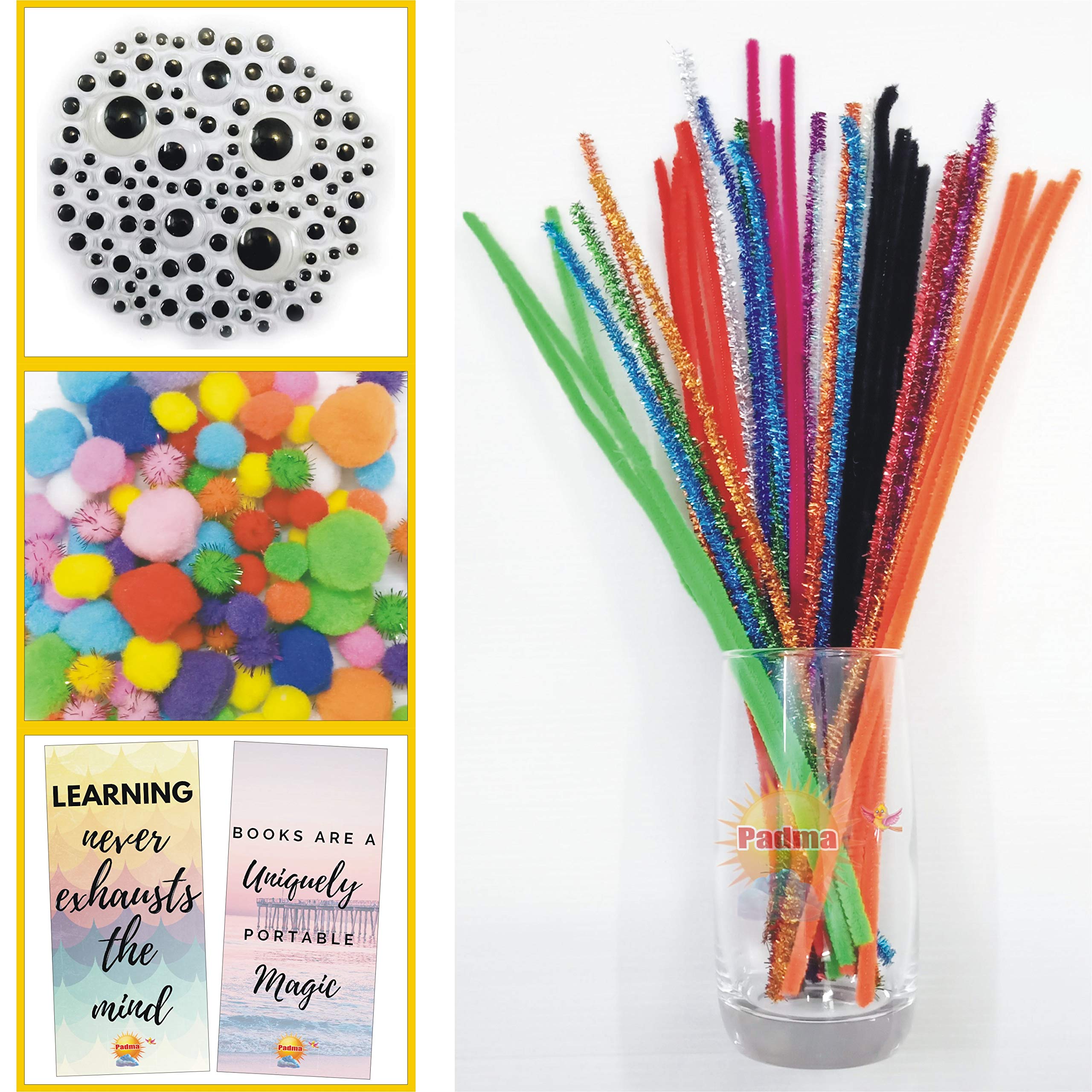 PADMA CRAFT KIT Large Pack Multicolour Pipe Cleaners, 50 x 2 Pcs , Mix Size Multi color Pom poms, 50 x 2 Pcs, Assorted Googly Wiggle Eyes , 100 Pcs Combo Kit Set for Kids -Total 300 Pcs