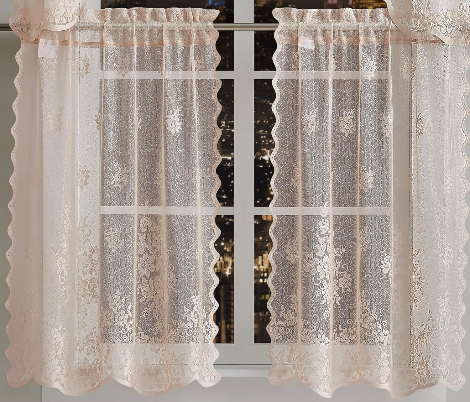 Warm Home Designs 3 Piece Golden Linen Kitchen Window Curtains Bundle Includes 2 36 Inch Tiers & Swag Valance. Flower Kitchen Curtains Set for Floral Decor. KIF Linen Set