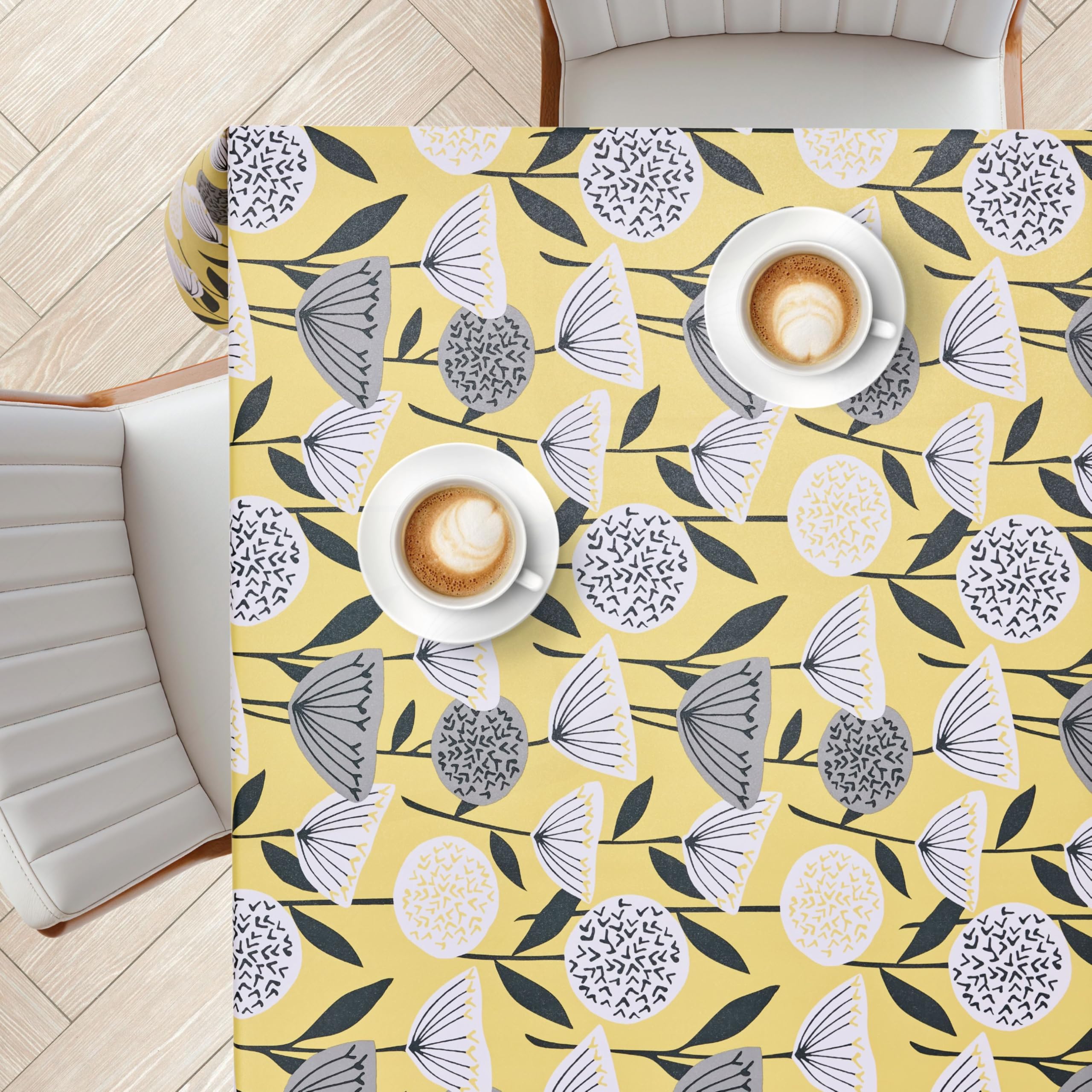 KP HOME Yellow PVC Tablecloth Wipeable Square 55.1"x 55.1" -140x140cm Floral Plastic Table Cover with Shimmer Effect Table Waterproof Table Cloth Wipe Clean Protector With Large Grey Flowers Oilcloth - Image 2