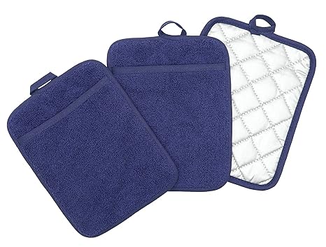 Quilted Terry Pot Holders Hot Pads, Cotton Pot Holder Pot Holders for Kitchen Heat Resistant, Pot Holders with Pockets, 7inch x 9inch, Set of 3 Pack (Nautical Blue)