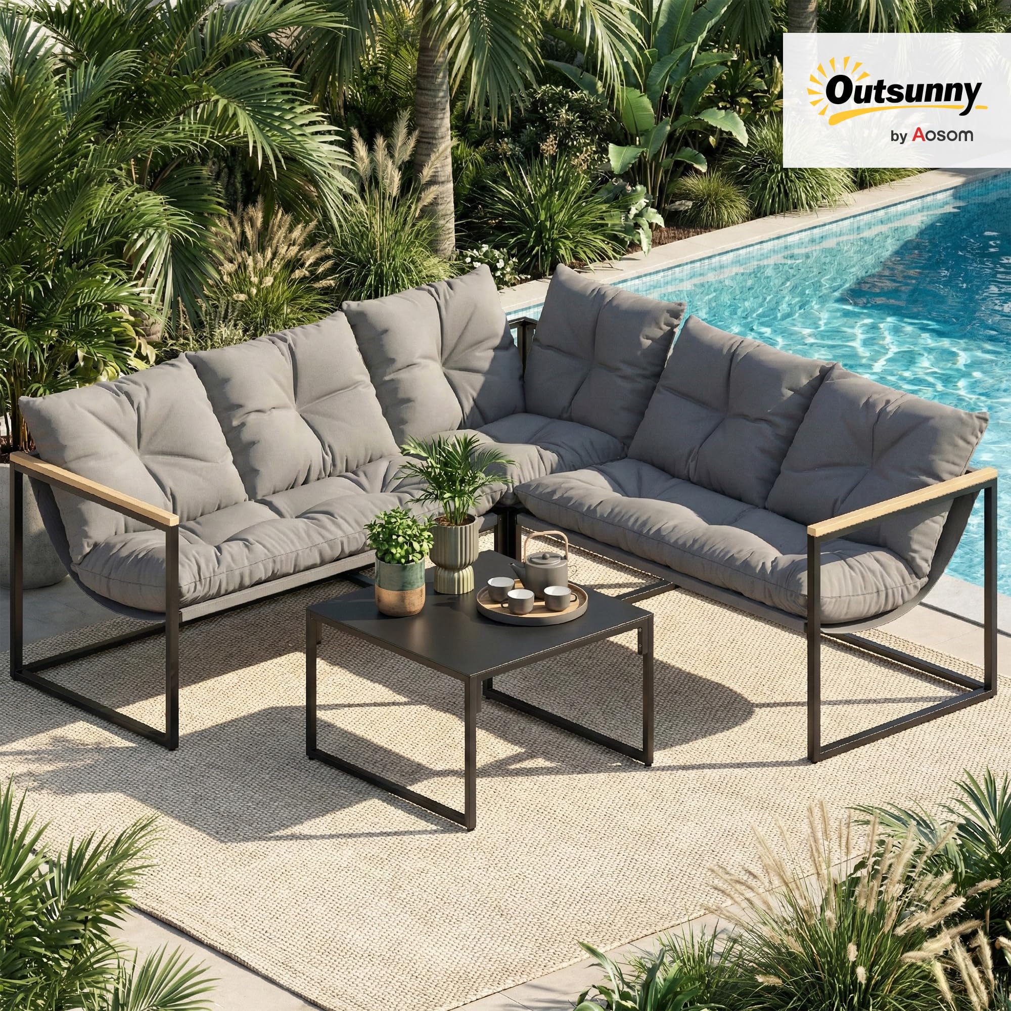 Outsunny Conjunto de Muebles Jardín Exterior de 4 Piezas Forma L Gris | Sofá Seccional Resistente, Cojines Gruesos, Sofá de Esquina, 2 Sillones de 2 Plazas, Mesa Centro Vidrio Templado