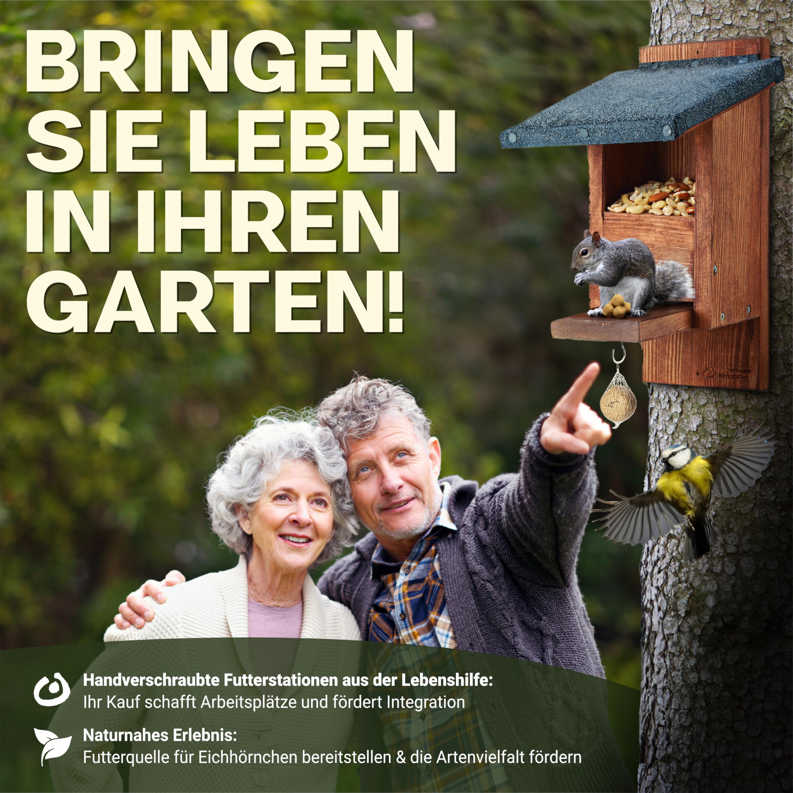Massives Eichhörnchen Futterhaus wetterfest & robust aus pfälzer Qualitätsholz – ohne Genickbruchklappe – Überwinterung – Handarbeit in der Lebenshilfe Made in Germany – nachhaltiges Geschenk