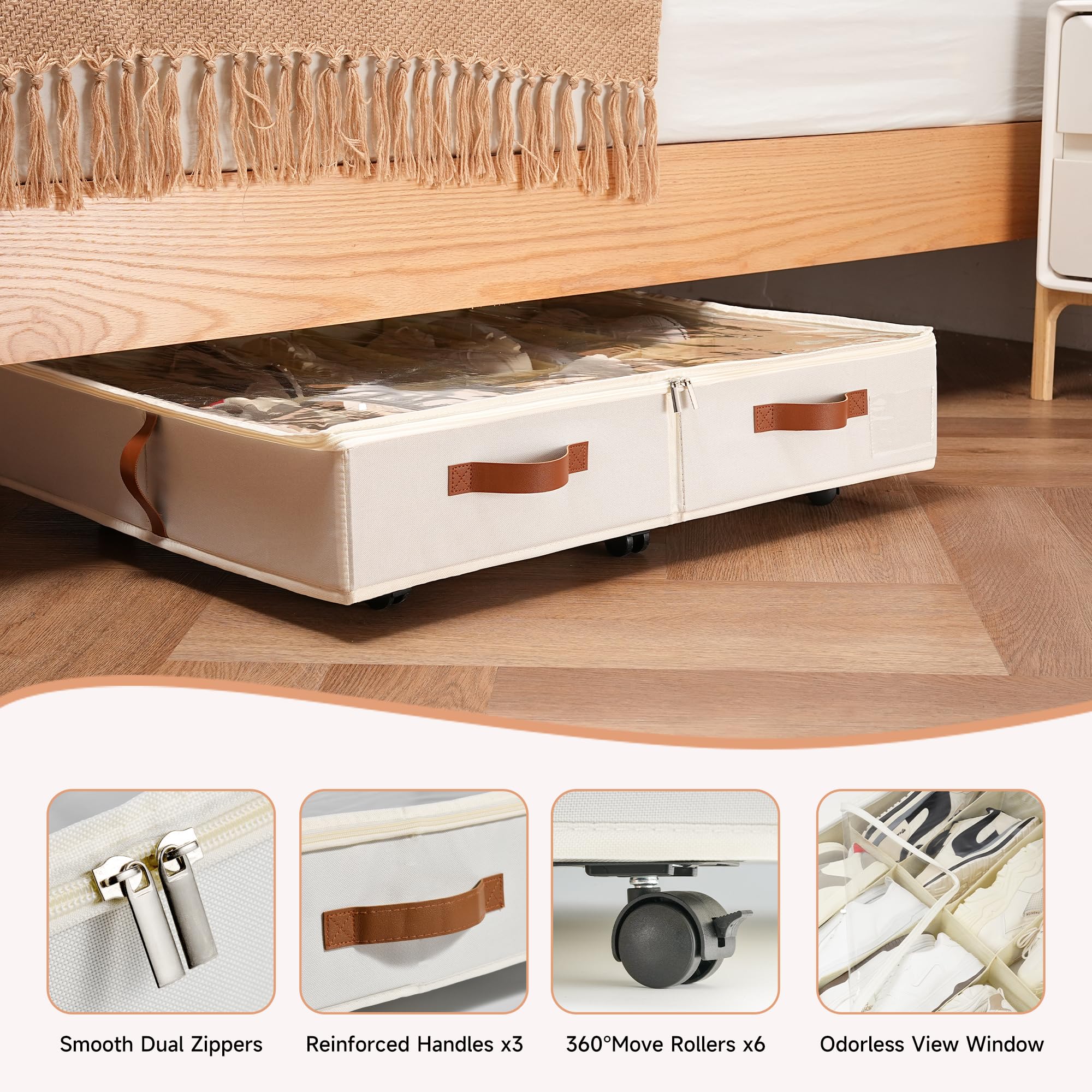Scarpiera sotto il letto con ruote, confezione da 2, contiene da 12 a 24 paia, robusto organizer per scarpe con coperchio trasparente, cerniere e 3 manici, organizer pieghevole in tessuto per