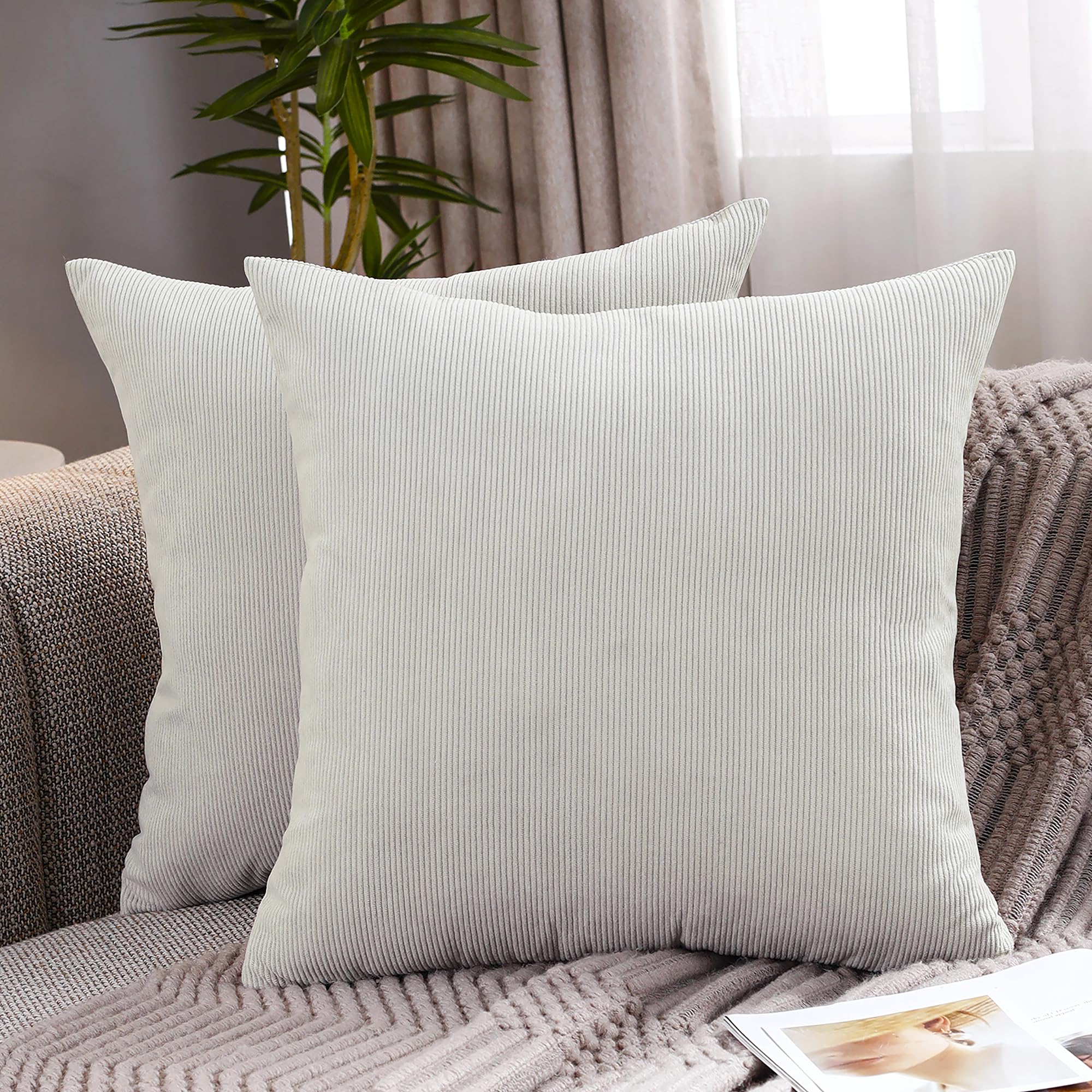 Jepeak Pack of 2 Corduroy Decorative Throw Pillow Covers 22x22 Inch Striped Square Cushion Covers Farmhouse Soft Pillow Cases for Couch Sofa Bed Home Decor, Beige