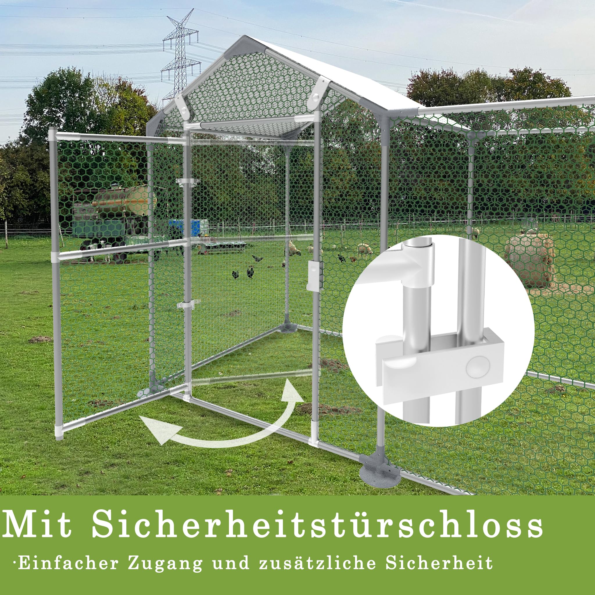 FIVMEN Freilaufgehege Kaninchen 2x1 m Hühnerstall Metall mit Sonnenschutz Dach,Tür & Riegel Stabil Hühnerhaus Freigehege Kleintiergehege für Hühner, Ente & Kleintiere