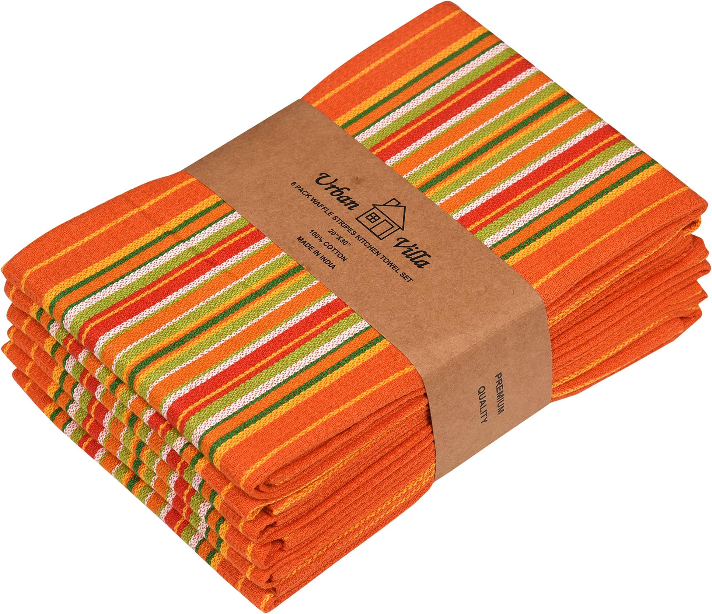 Urban VillaKitchen Towels, Premium Quality, 100% Cotton Dish Towels,Mitered Corners,Ultra Soft (Size: 20X30 Inch), Orange Waffle Stripes, Highly Absorbent Bar Towels & Tea Towels - (Set of 6)