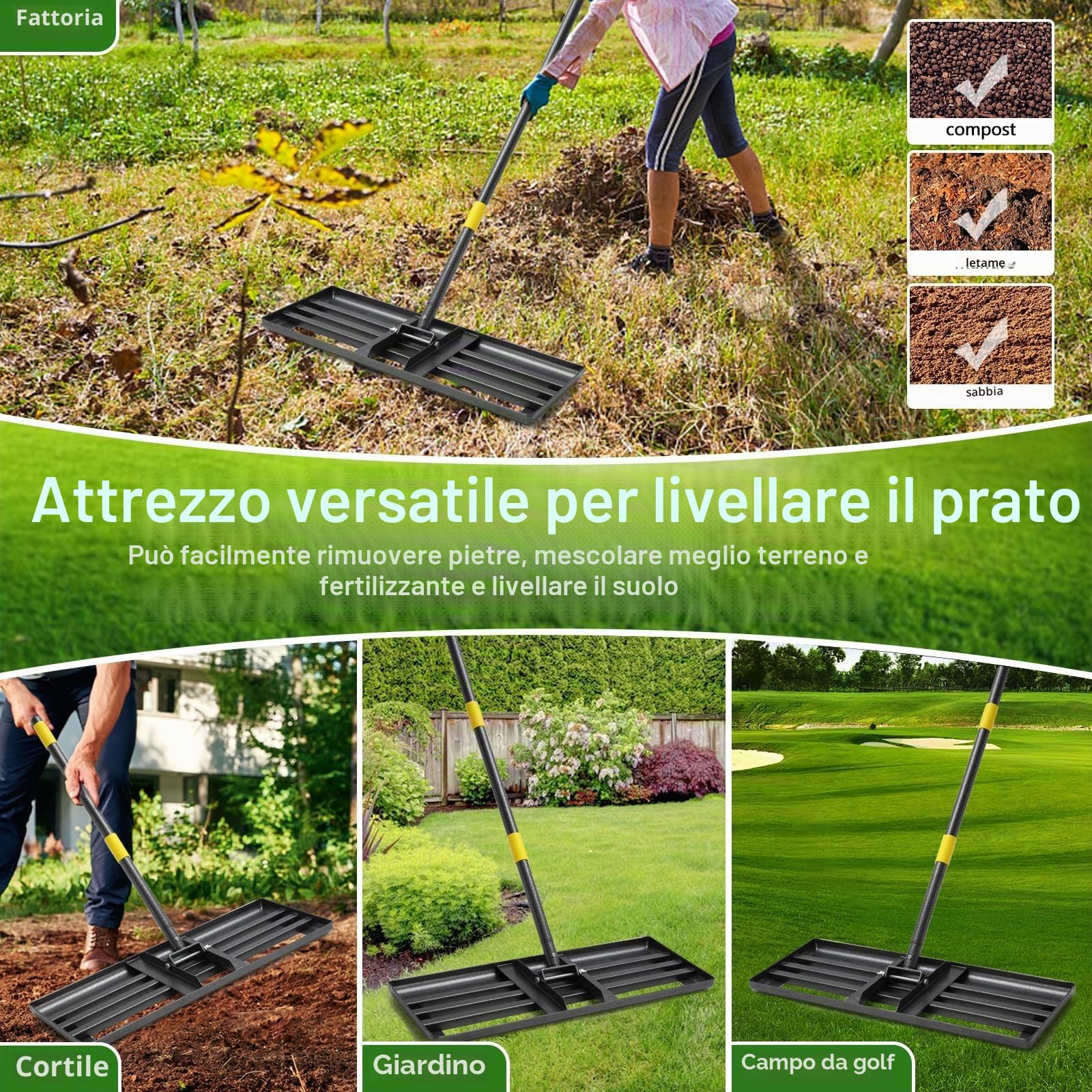 Rastrello Raschietto per prato, in acciaio inox, da 157 cm, per livellare erba di campi da golf, erba di giardini, prati, cortili interni (76 x 25 cm)