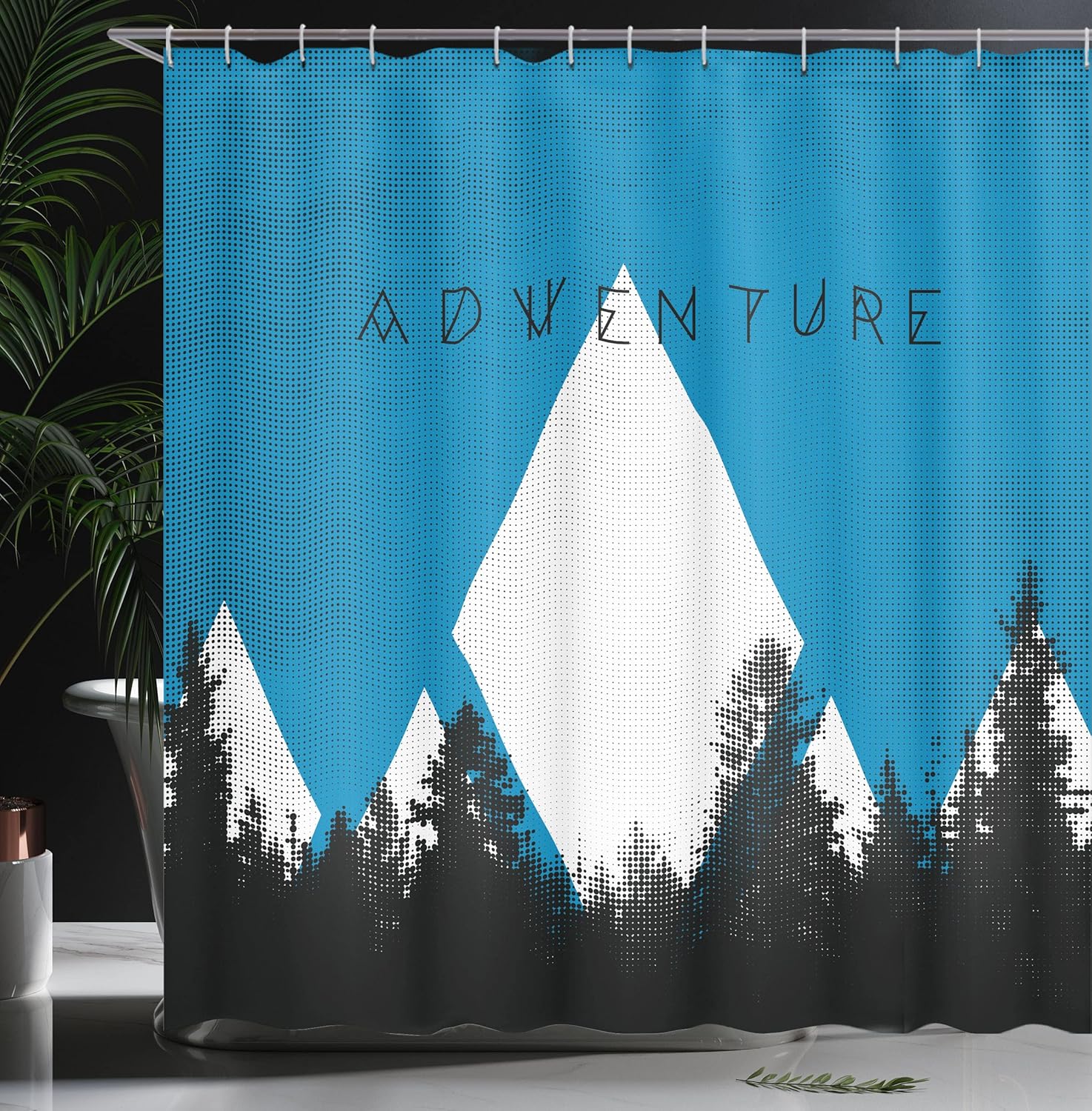 Ambesonne Adventure Shower Curtain, Forest Halftone Effect Hipster Typography Camping in Mountains, Cloth Fabric Bathroom Decor Set with Hooks, 69" W x 70" L, Azure Blue