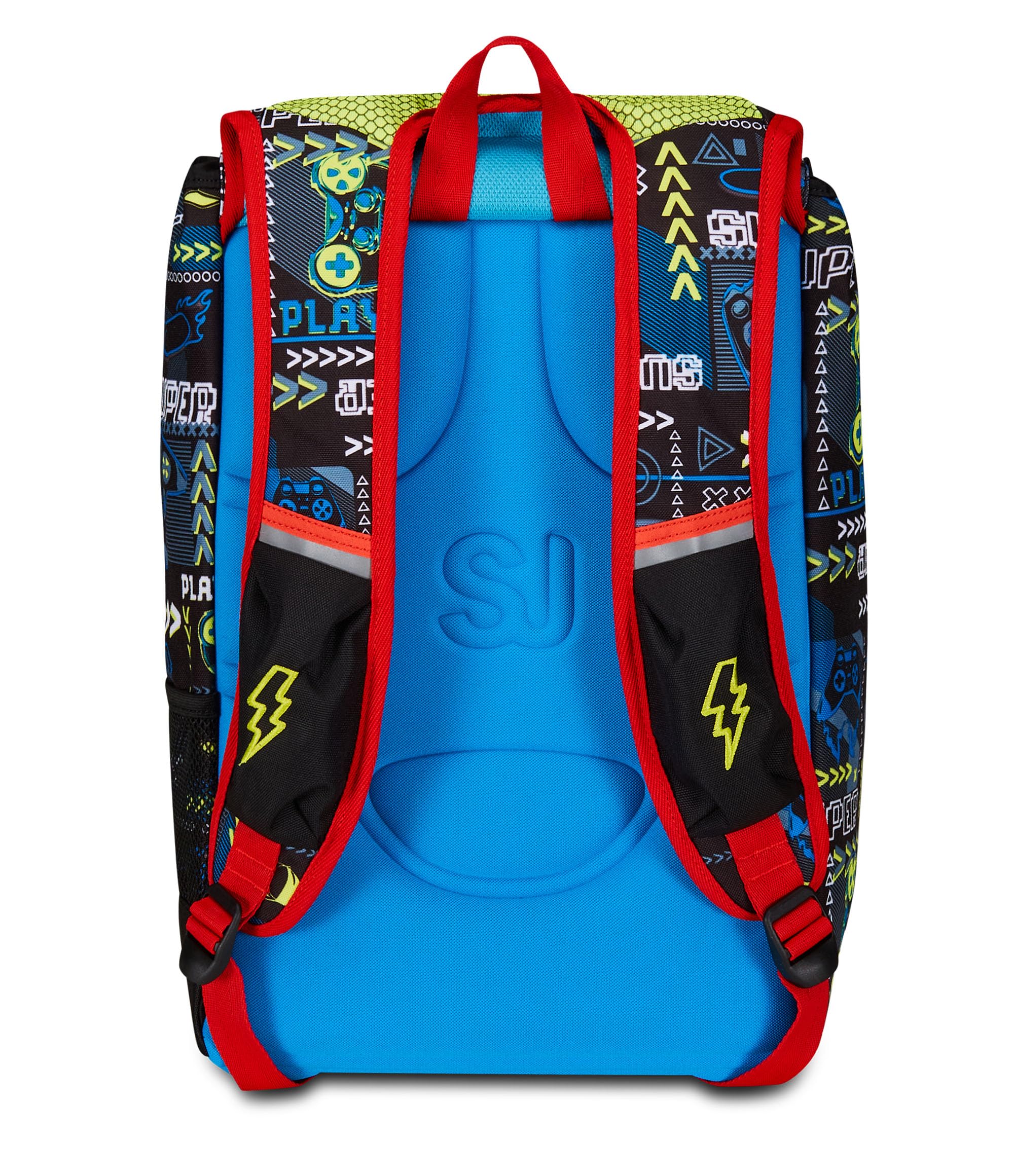 SJ GANG STYLE JAM GANG Zaino Scuola Estensibile, Nero Rosso, FunnyGoal, Zaino Doppio Scomparto Estensibile Tramite Zip Laterali, Tasca Porta Borraccia, Scuole Elementari e Medie, Bambino Ragazzo