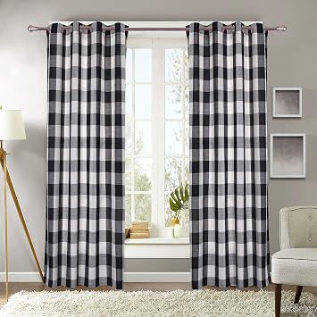 Decotex 2 Piece Courtyard Plaid Buffalo Checkered Grommet Window Curtain Treatment Panel Drapes (2 Panels 53" X 63", Black/Beige)