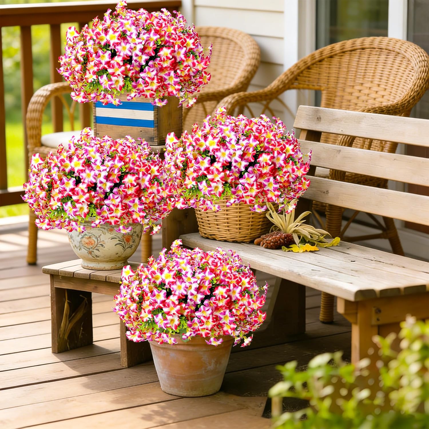 10PCS Outdoor Faux Petunia Flowers UV Resistant Artificial Fake Flowers Greenery Eucalyptus Plants for Spring Summer Garden Patio Window Box Planter Home Decor (Petunia Rosy White Purple White) - Image 2