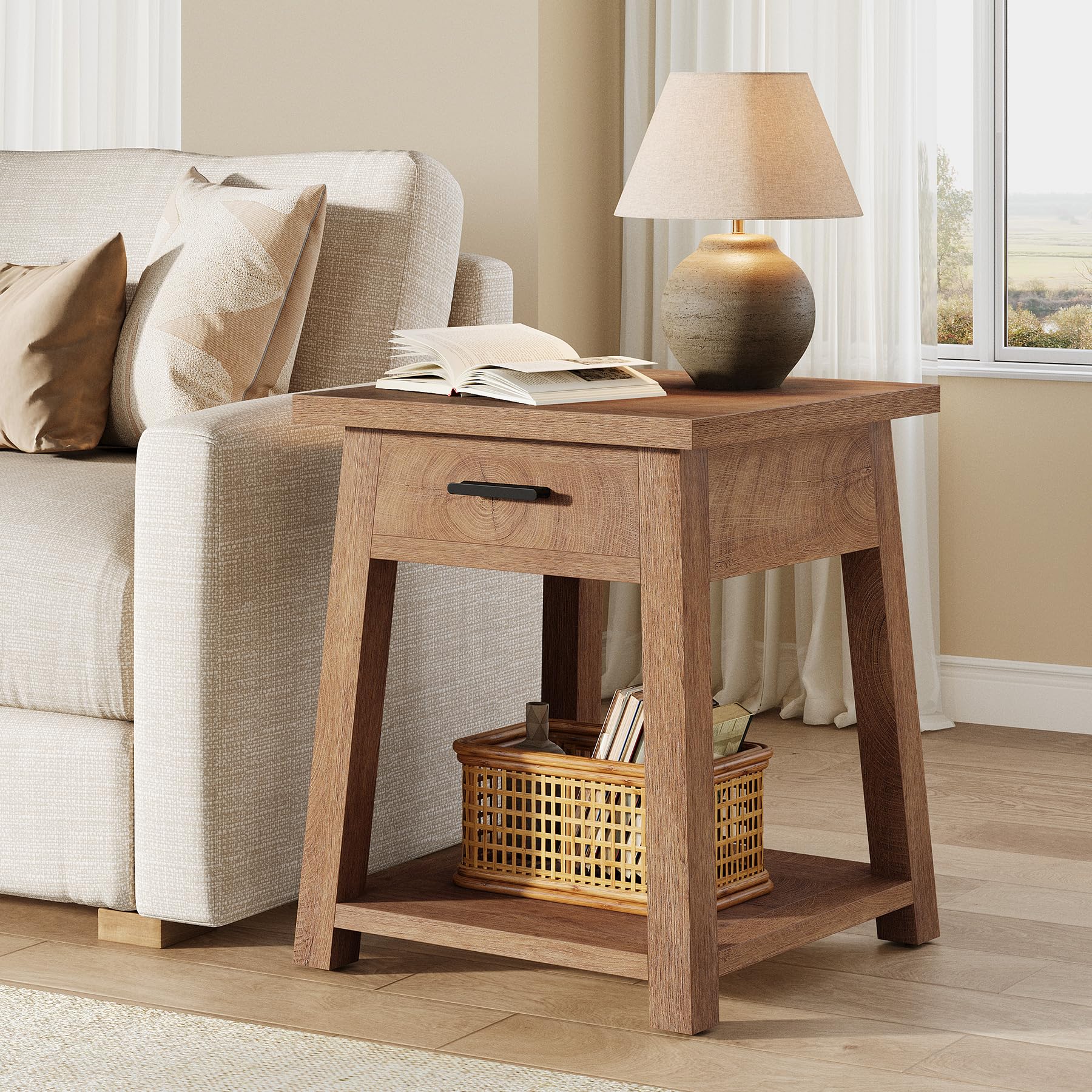 Tribesigns Farmhouse Square Side Table, 2 -Tier Wooden End Table with Drawer, Rustic Nightstands with Shelf Storage for Living Room, Bedroom, Office and Small Spaces