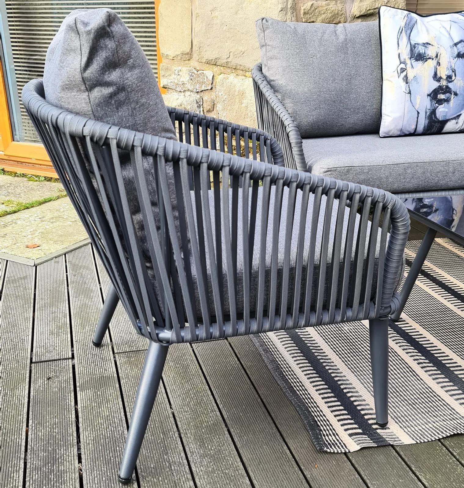 Mymigos 4 Seater Sofa Outdoor Conversation Patio Garden Rope Furniture Set with Cushion and Center Table for Garden, Balcony, Poolside (Grey) 4