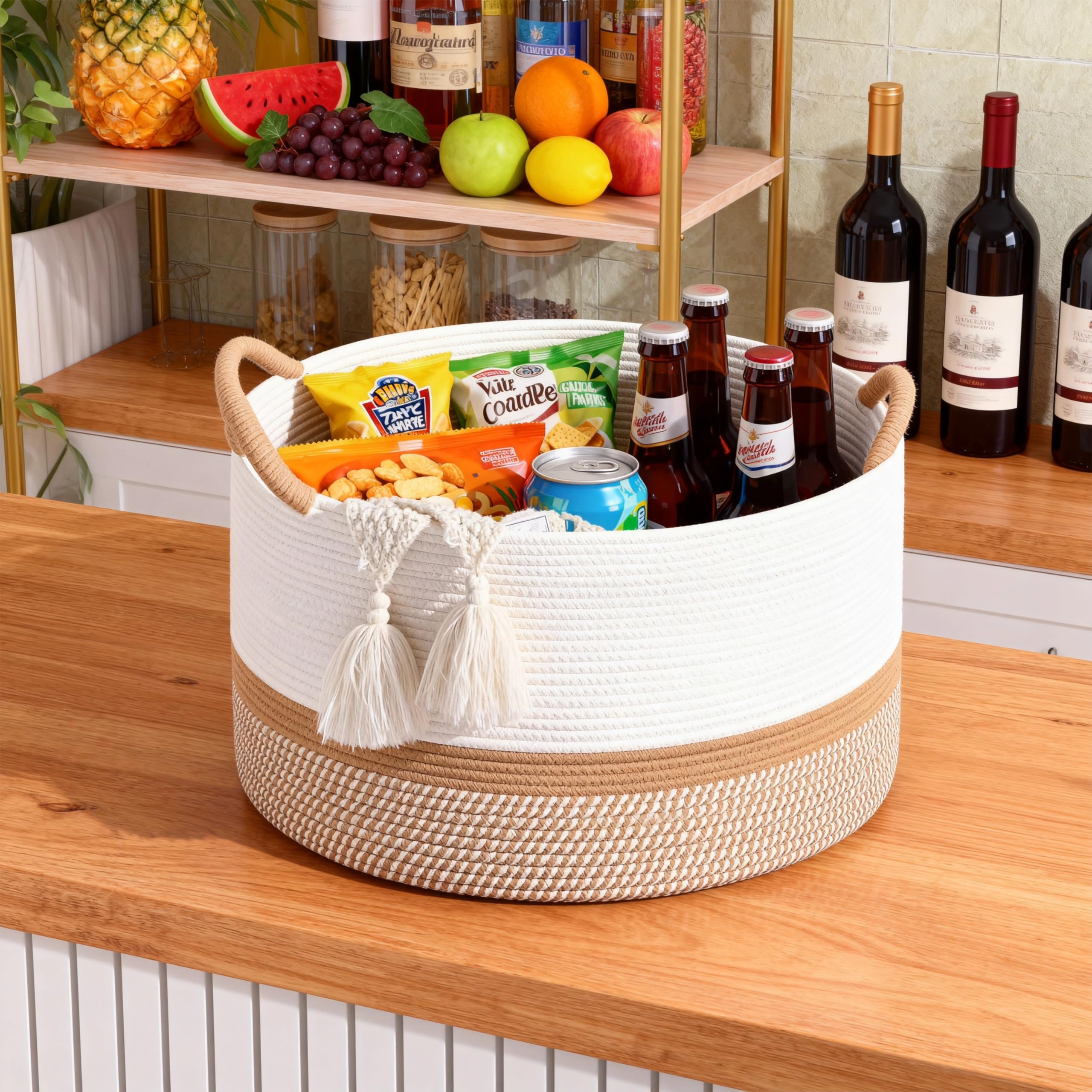 Bianco Cesto Portabiancheria Sporca in Corda di Cotone 40×40×30 cm,Cestino Portaoggetti Intrecciato con Manici,Organizer per Vestiti,Coperte,Giochi Bambini