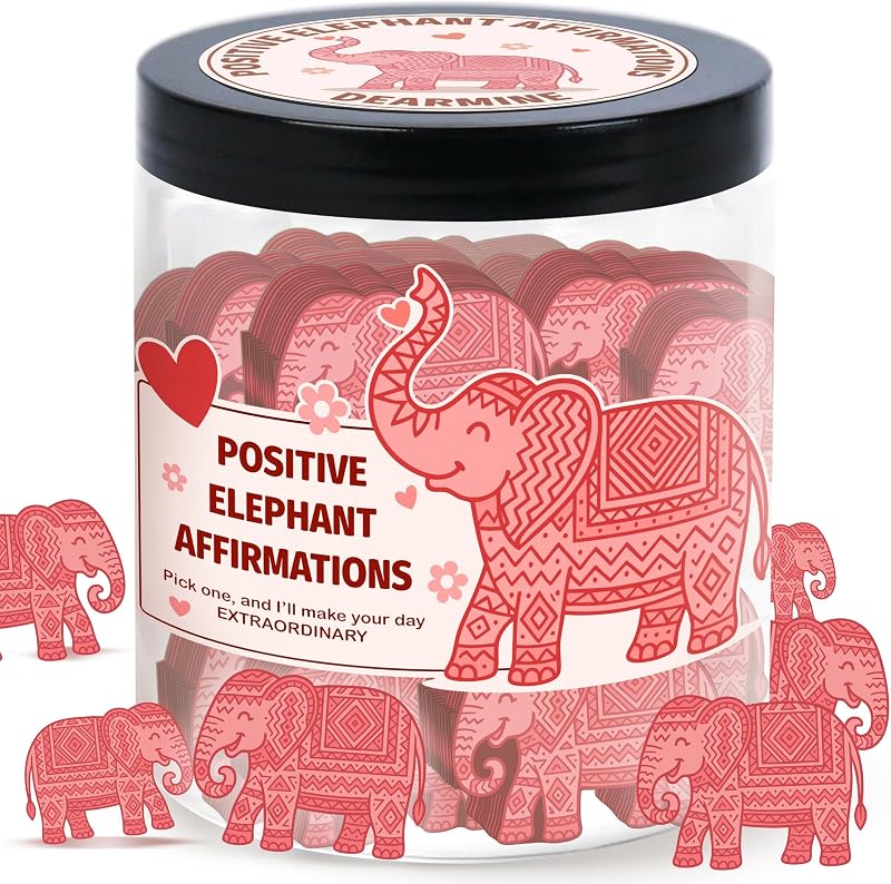 Pote Positive Elephant DEARMINE com 60 cartões de afirmações e decoração de mesa