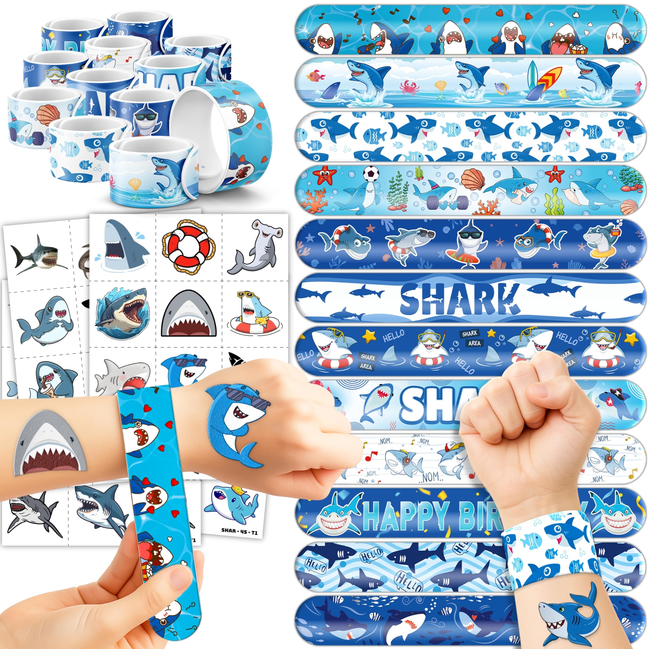 72PCS Shark Party Favors - 48PCS Pre-cut Tattoos & 24PCS Slap Bracelets - Ocean-Themed Birthday Supplies, Undersea Decorations, Classroom Prizes,