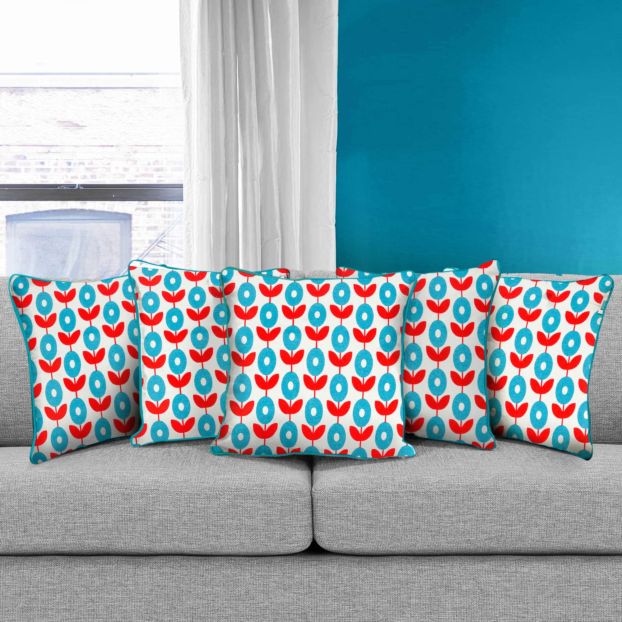 DECOTREE� 100% Cotton Decorative Throw Cushion Covers (18 x 18 inch, Turquoise Blue) - Set of 5
