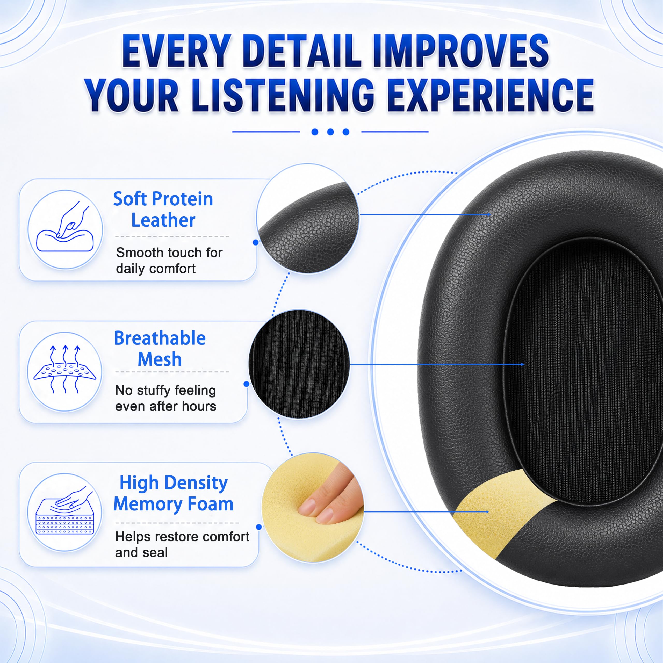 Almohadillas de repuesto para auriculares inalámbricos Jabra Elite 85h, cubierta de orejeras, piel suave y almohadillas de espuma viscoelástica, color negro