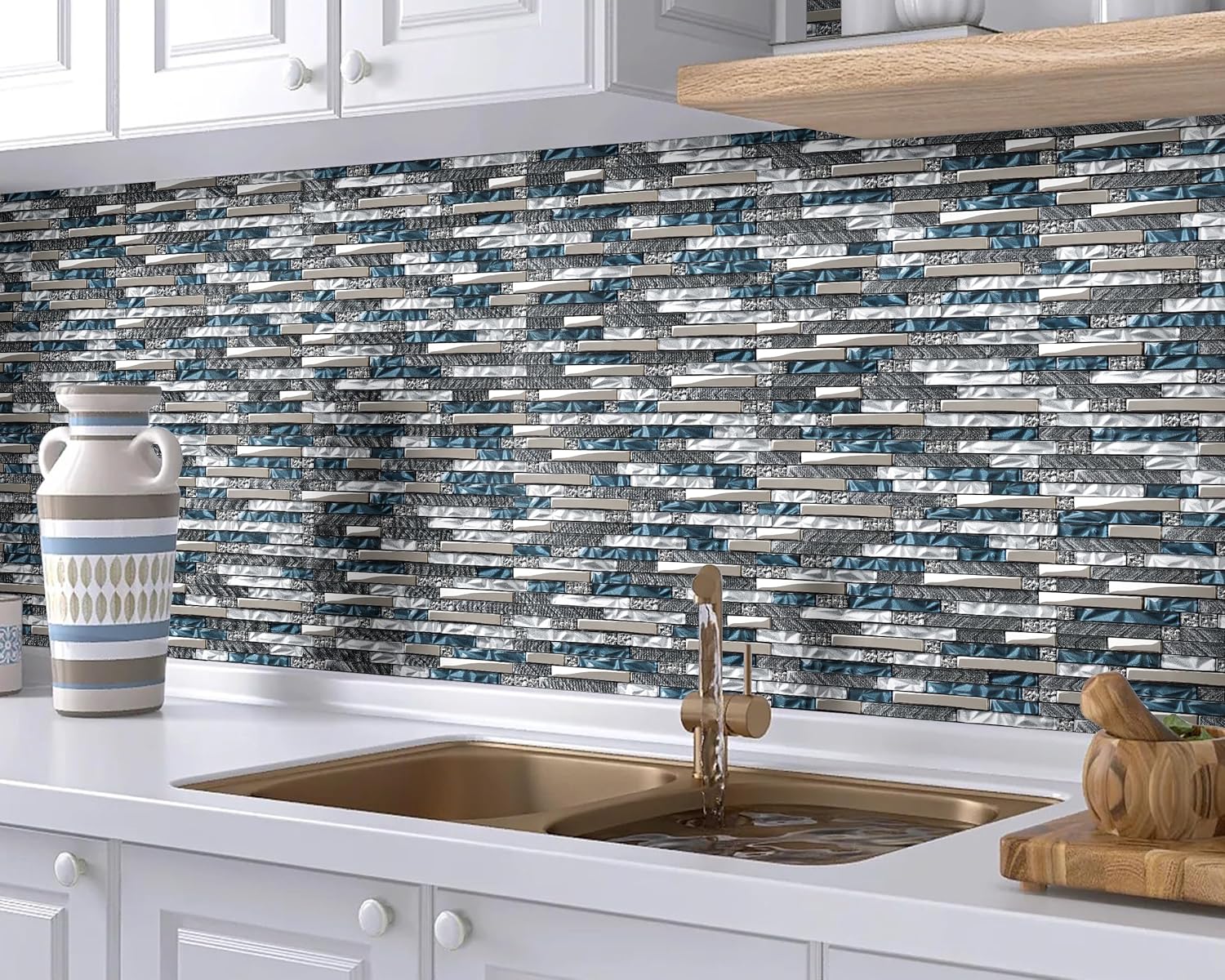Glass Linear Wall Tile Teal Blue White Mosaic Sheets for Kitchen Bathroom Backsplash [Set of 5]