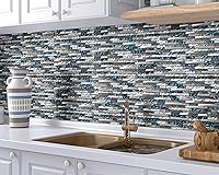 Vista 5 de Azulejos de pared lineales de vidrio, azulejos de mosaico blanco y verde azulado para cocina, baño, protector contra salpicaduras [juego de 5]