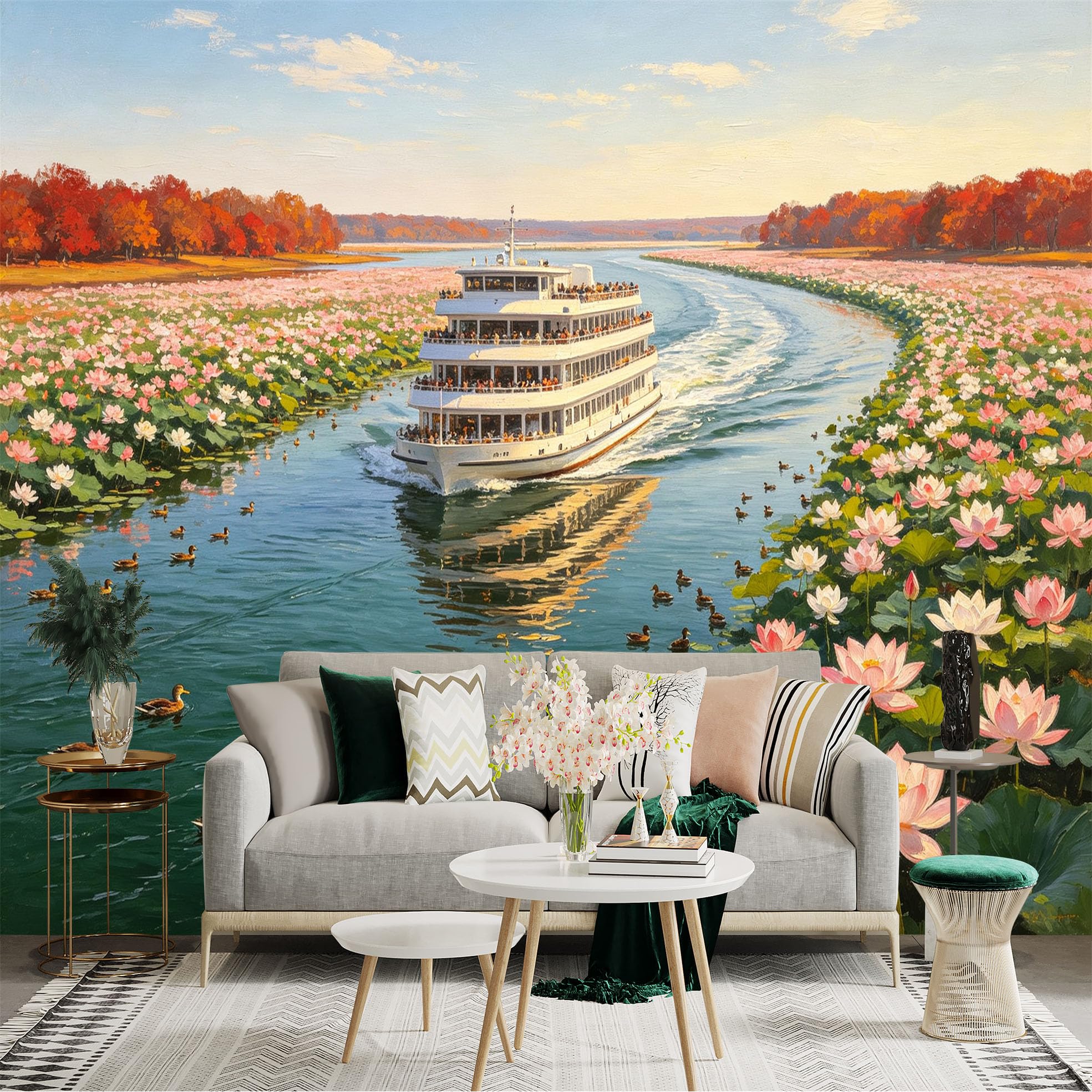 Custom Size Wall Sticker Mural， Cruise Ship Sailing Through Lotus Pond， Scenic River Landscape， Ducks Swimming in Water， Autumnal Foliage， for wall Decoration， peelandstick wall Decals.