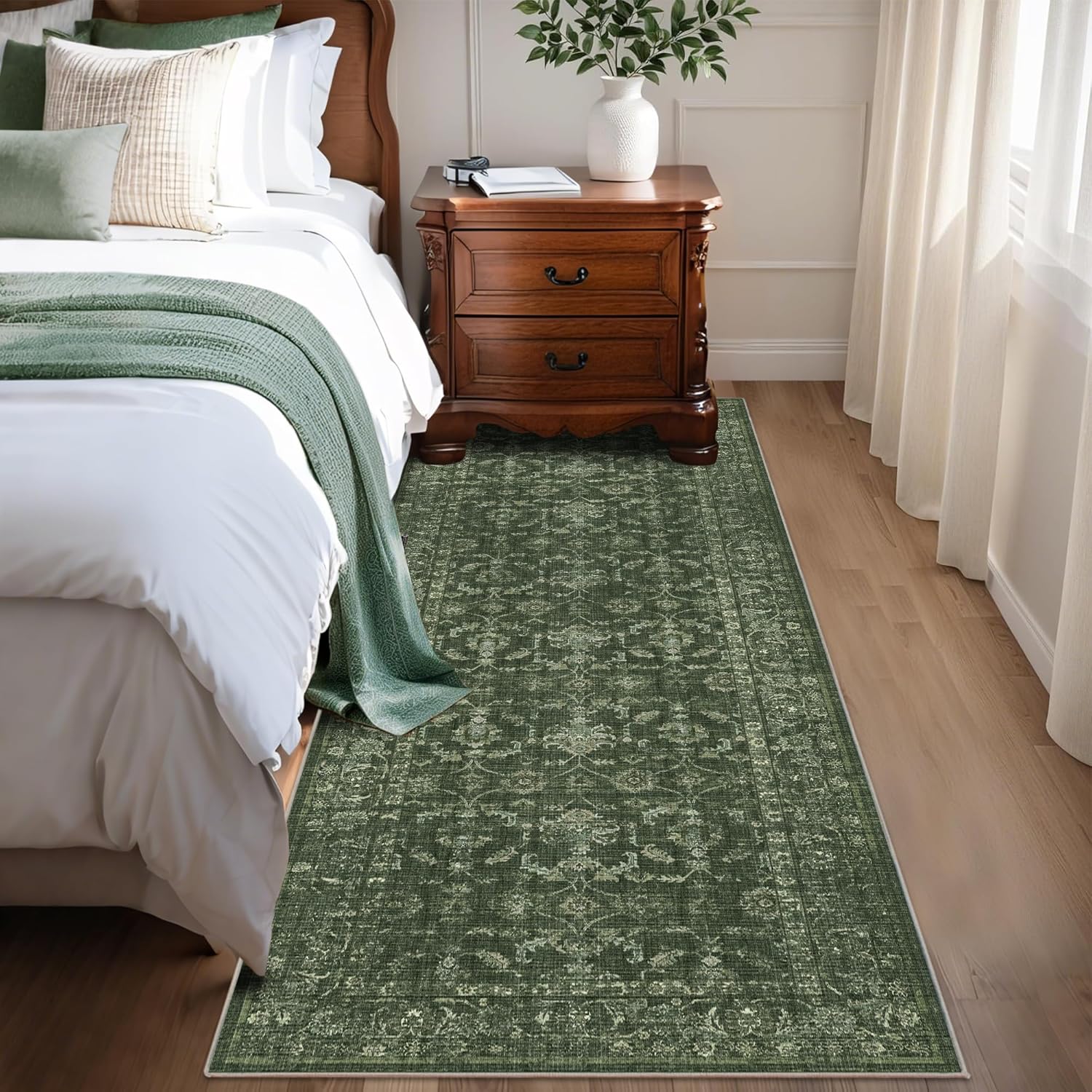 Washable Area Rug 2.6x8 Green Runner Rugs for Living Room, Vintage Boho Hallway Large Rug for Bedroom Dining Room Office, Distressed Floral Carpet for Under Table, Soft Non Slip Low Pile Throw Carpet - Image 3