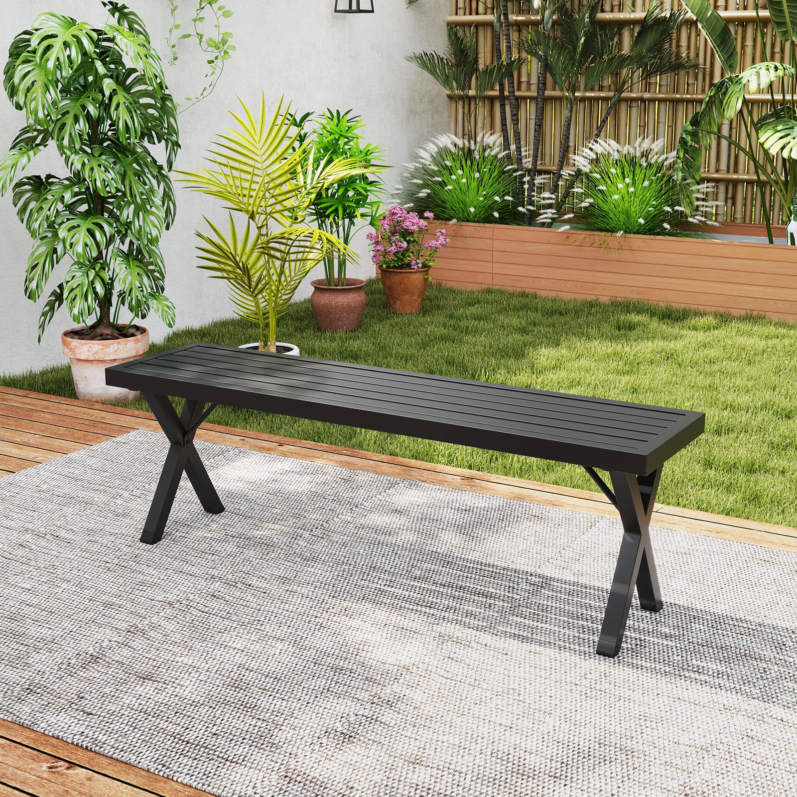 COSTWAY Panca da Esterno in Metallo 138x36x46 cm Panchina con Seduta a Listelli Gambe a X Capacità 360 kg Nero