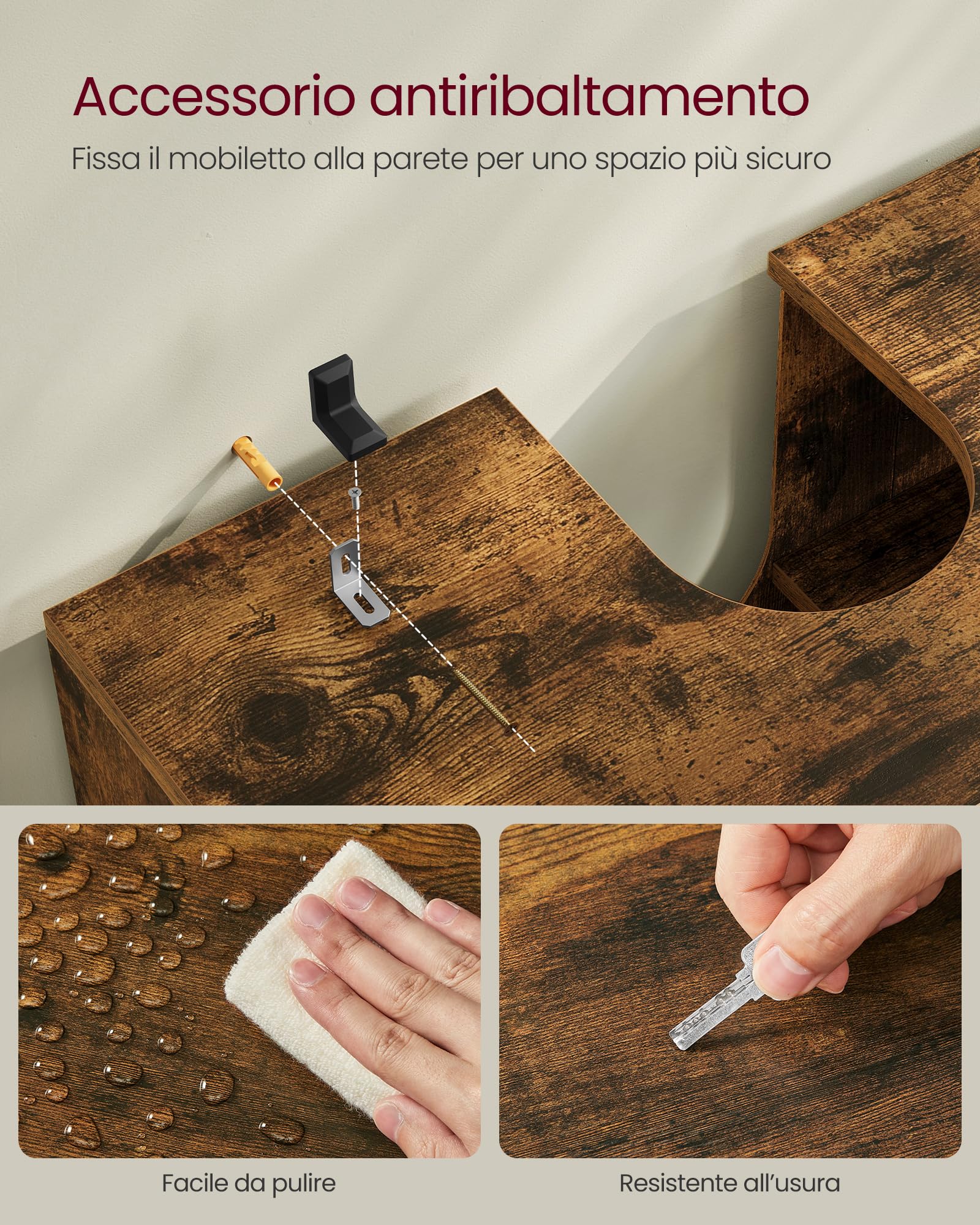 VASAGLE Mobile Sottolavabo, Mobiletto da Bagno, Armadietto Portaoggetti, 30 x 60 x 64 cm, Adatto a Lavabi senza Colonna, con Doppia Anta a Persiana, Ripiano Regolabile, Marrone Vintage BBK04BX