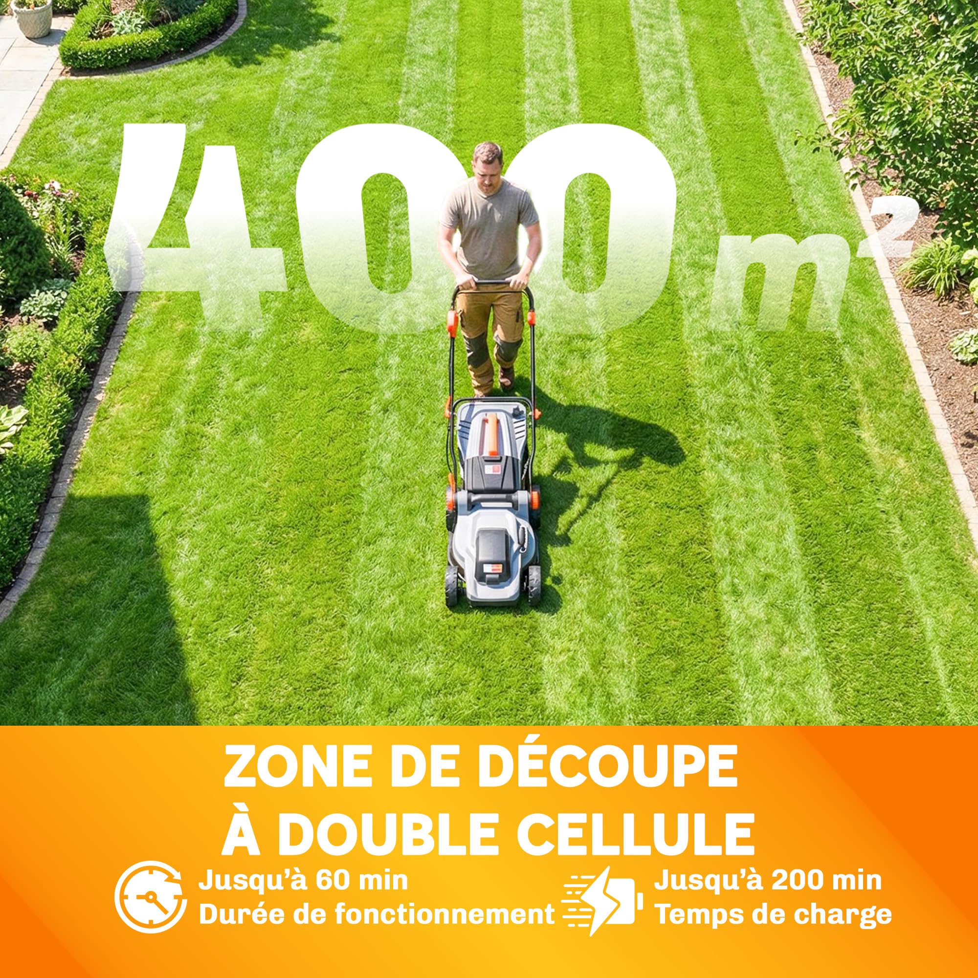 Outsunny Tondeuse à Gazon sans Fil 18V x2 - Moteur Brushless 700W, 2x4.0Ah Batteries pour 400m², Largeur 34cm, 6 Hauteurs 25-75mm, Mulching Silencieux, Gris Clair