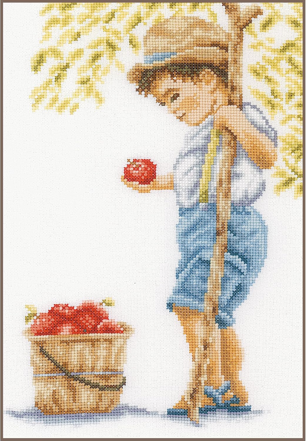 LANARTE Counted Cross Stitch Kit Boy with Apples Decorative for Walls Approx. 20 x 30 cm DIY Creative Adults Embroidery Home Decor Wall Art Kit for Hobby Cross Stitch