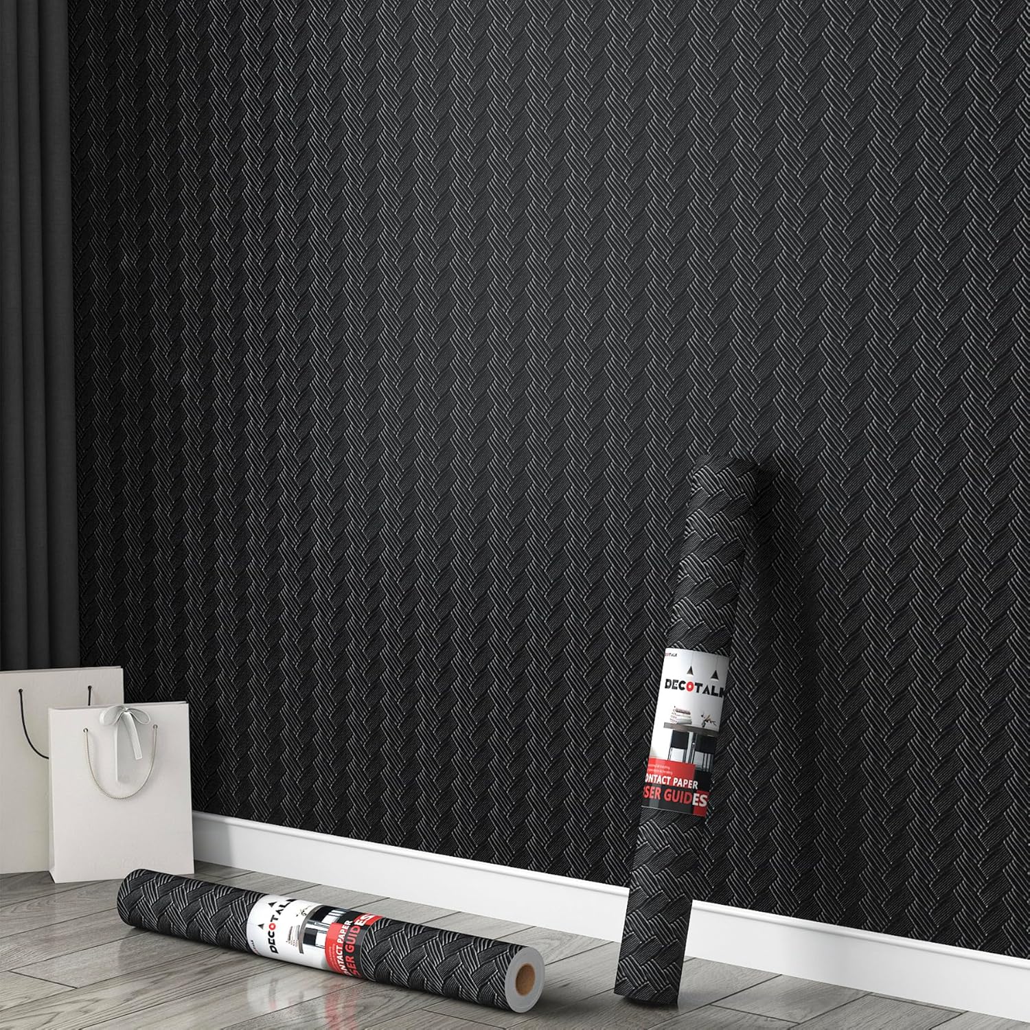 Decotalk Black Peel and Stick Wallpaper Textured Black Wallpaper for Bedroom17.7 x120 Weaving Grasscloth Wall Paper Textured Dark Contact Paper for Cabinets and Drawers