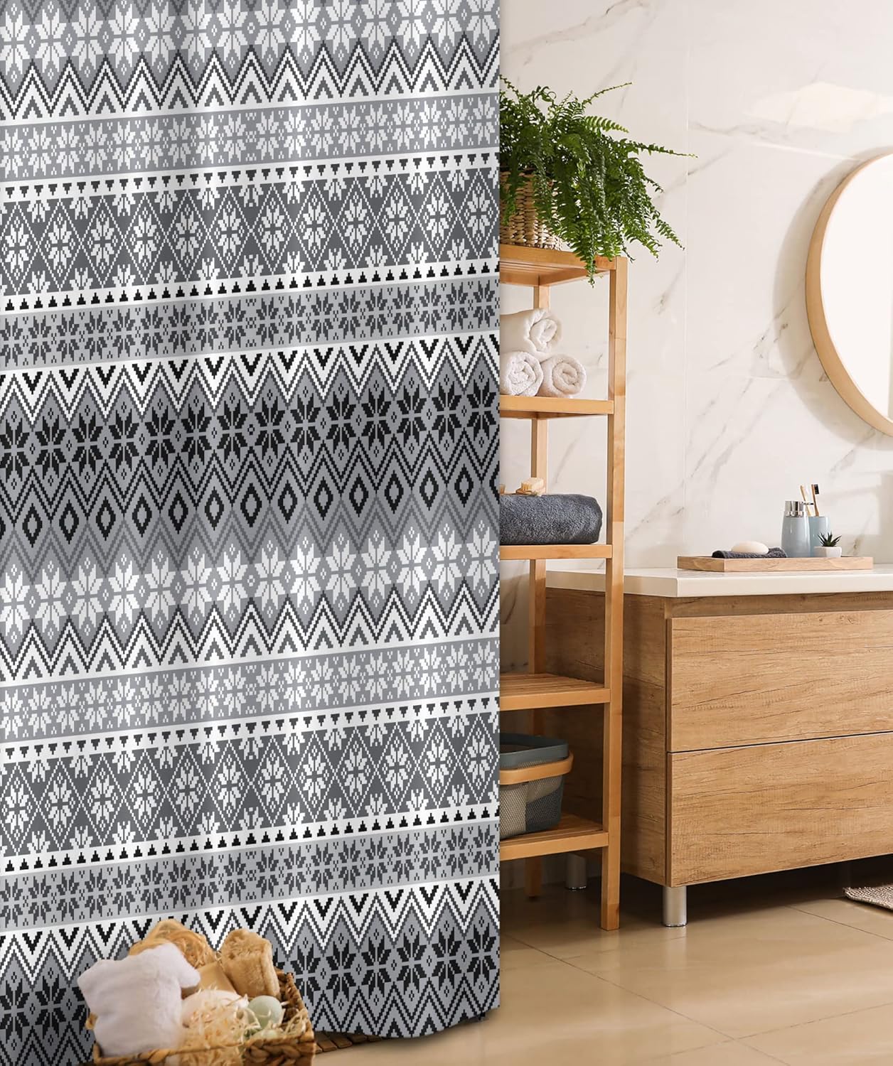 Ambesonne Grey Stall Shower Curtain, Nordic Snowflake Knit Patterns Scandinavian Motifs Traditional and Modern Print, Fabric Bathroom Decor Set with Hooks, 36" W x 72" L, Gray White