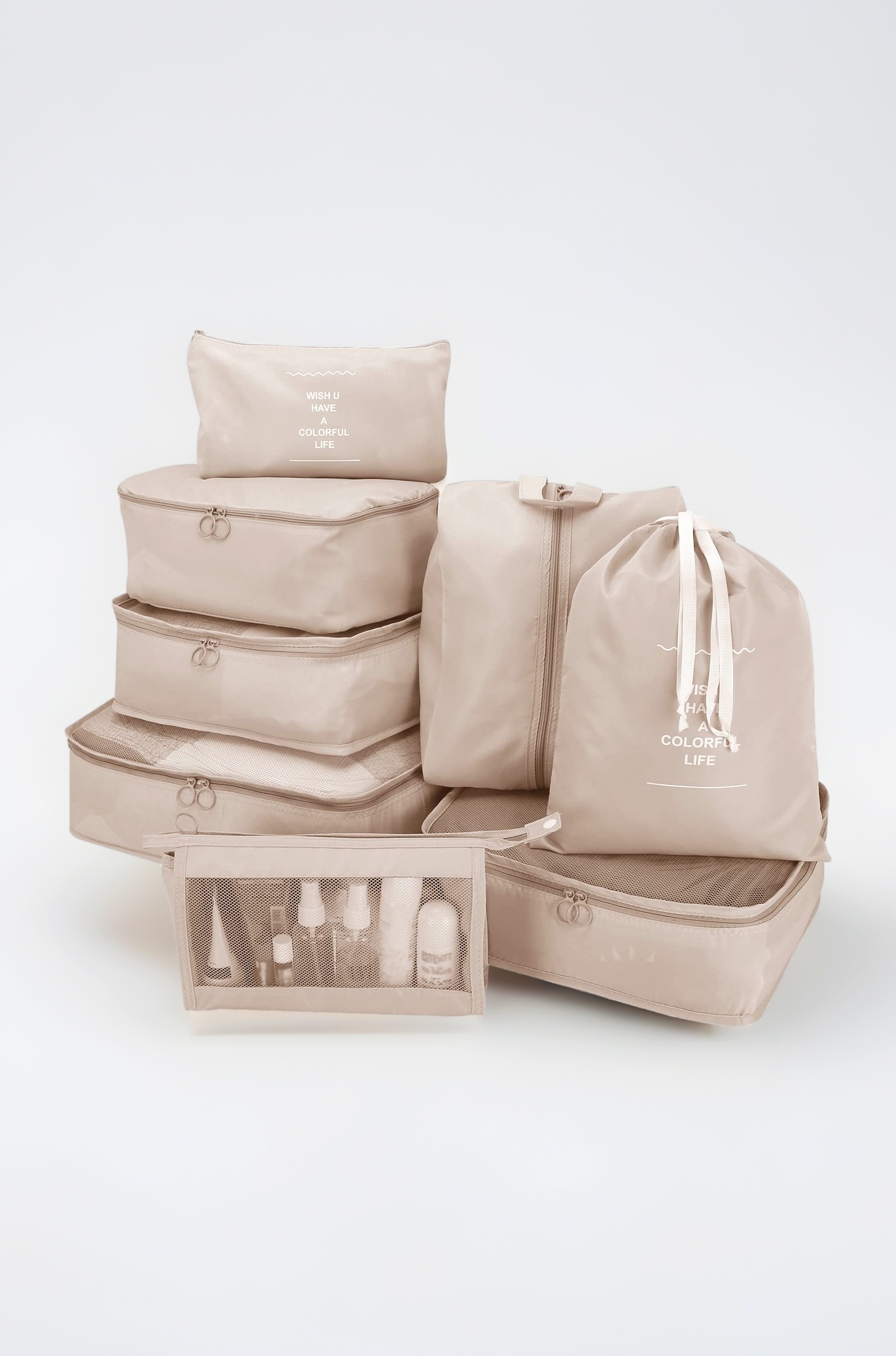 8 Pcs Travel Organizer Pouch Packing Cubes for Travel Clothes Space Savers Bags Cosmetics/Underwear/Socks/Shoes Toiletry Organiser Pouch (Beige, Nylon)