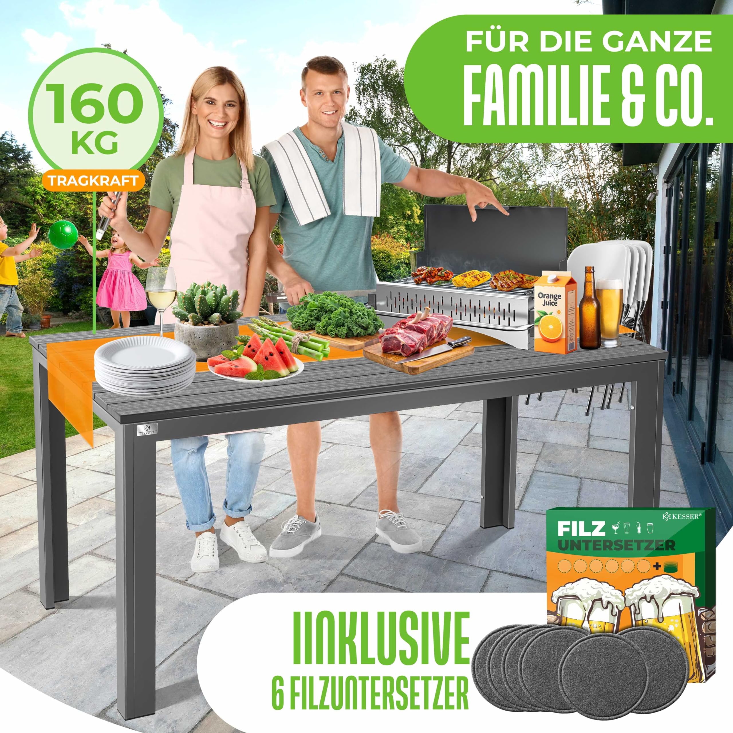 KESSER® Gartentisch 156x78cm für bis 6 Personen Esstisch Wetterfest & UV-Beständig | Outdoor Tisch mit pulverbeschichteter Stahl-Gestell & Kunststoff Tischplatte in Holz-Optik inkl. 6 Filz-Untersetzer