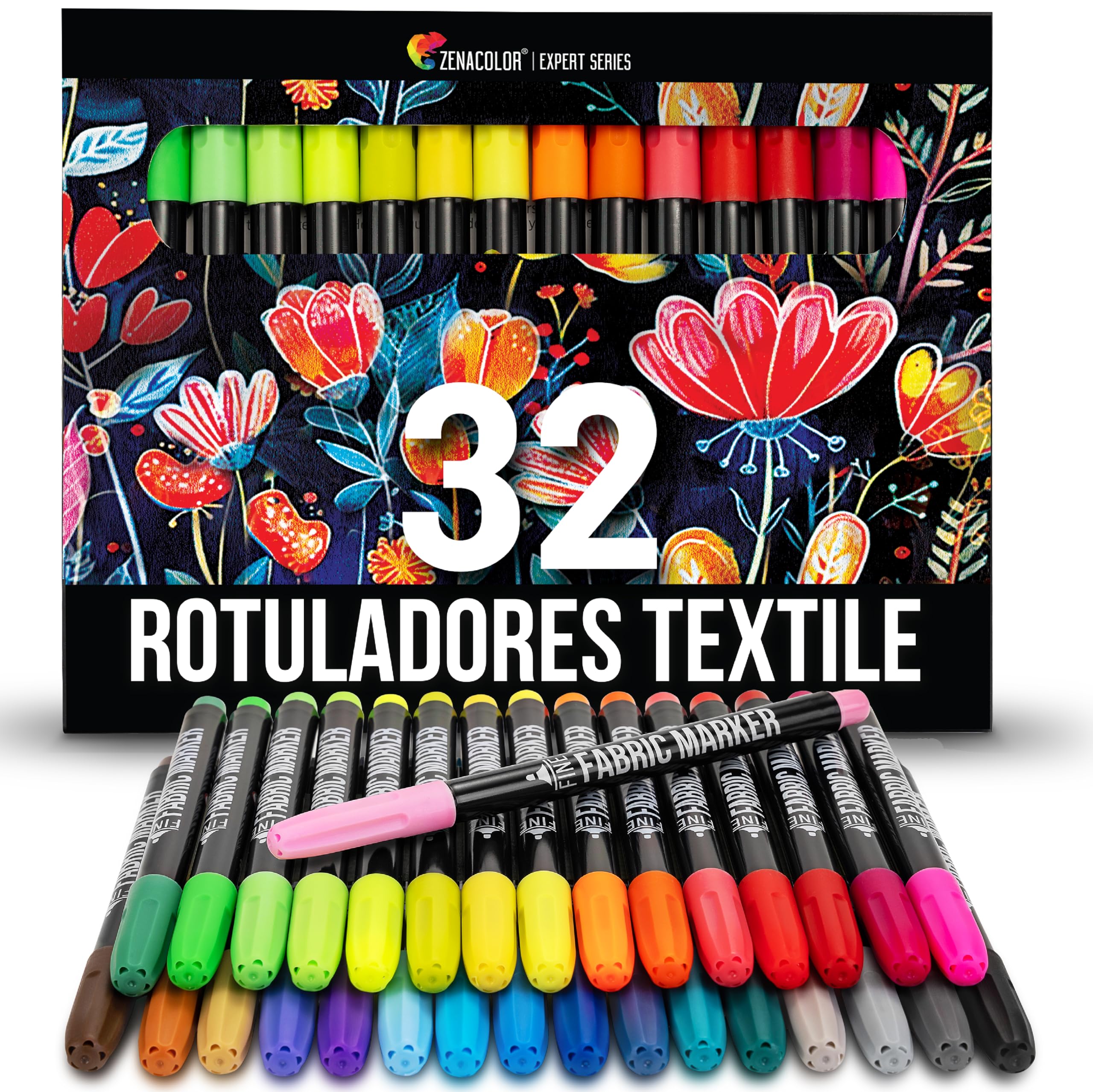 Zenacolor 32 Rotuladores Textiles - Pintura Textil Permanente y Lavable - No Tóxica y Indeleble, Pintura Para Tela con Punta Fina - Perfecto para Camisetas, Bolsas, Tote Bag - Para Niños y Adultos