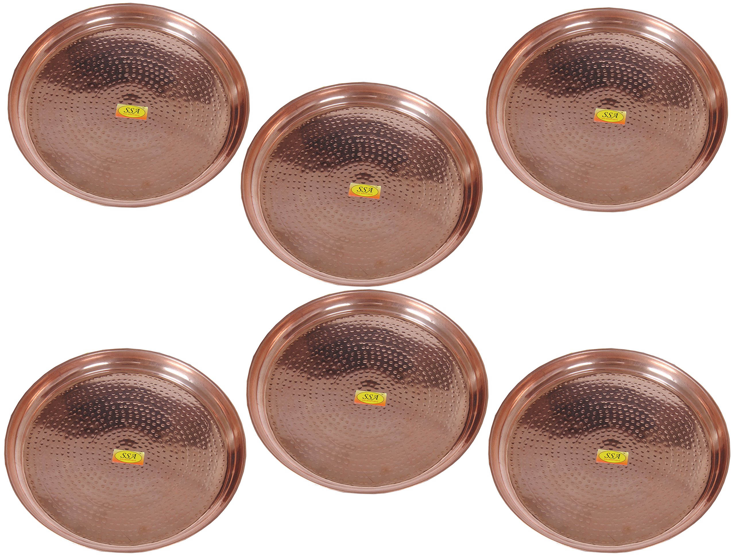 SHIV SHAKTI ARTS Handmade Pure Copper Plate Big Sized Hammered Deisgned Thali Dish Homeware Hotelware Dinnerware Kitchenware Serveware Diameter-29 cm Each ::Set of 6