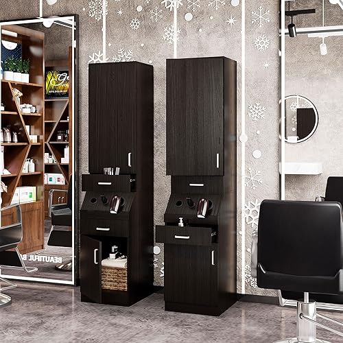 Miniatura 5 de Estación de peluquería para estilistas, estación de almacenamiento de salón de belleza con estante de almacenamiento con puerta, 2 cajones, armario