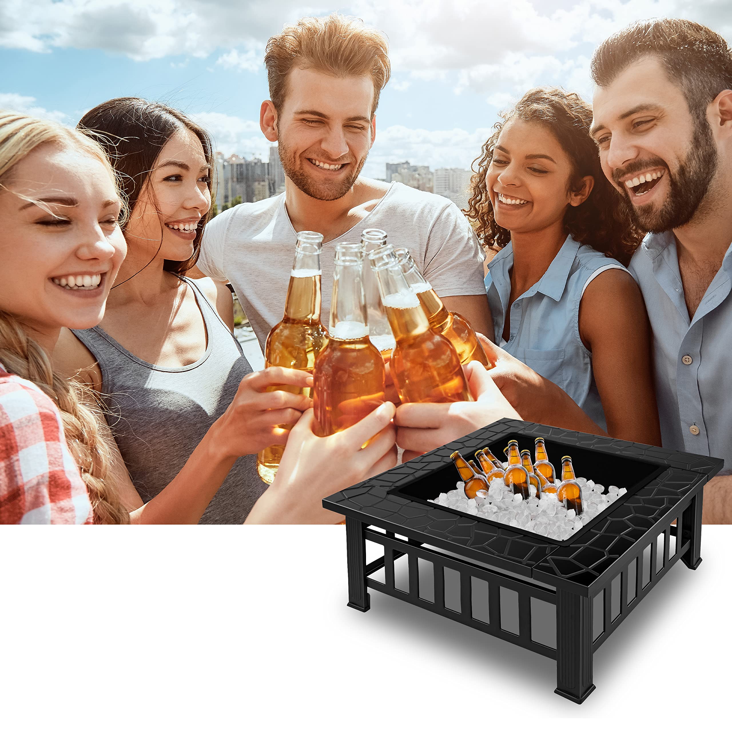 KESSER® Pozo de Fuego con Rejilla de Parrilla de Ø 62, Pozo de Fuego Multifuncional para calefacción/Parrilla de Barbacoa, Gancho y carbón, Cuenco de Fuego para terraza de jardín, Negro (Cuadrado)