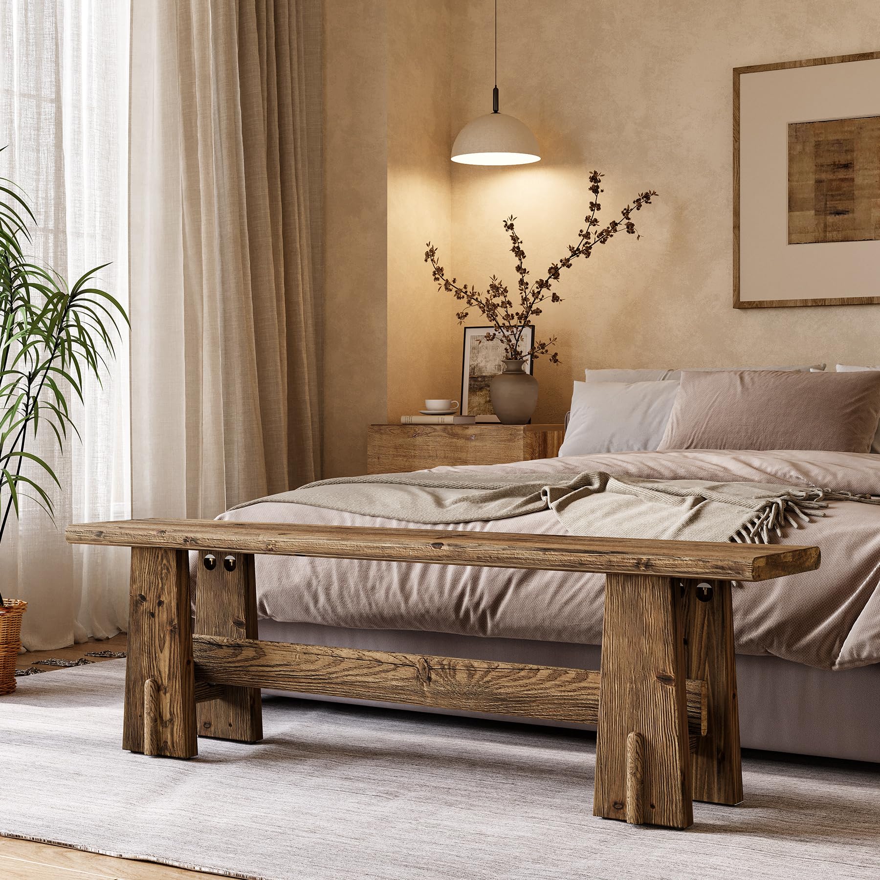 LITTLE TREE 59" Solid Wood Bench, Farmhouse Entryway Bench, Long Retro Bench for End of Bed, Dining Room, Entryway, Hallway, Living Room, Bedroom, Kitchen, Sturdy Frame Design, Rustic Brown