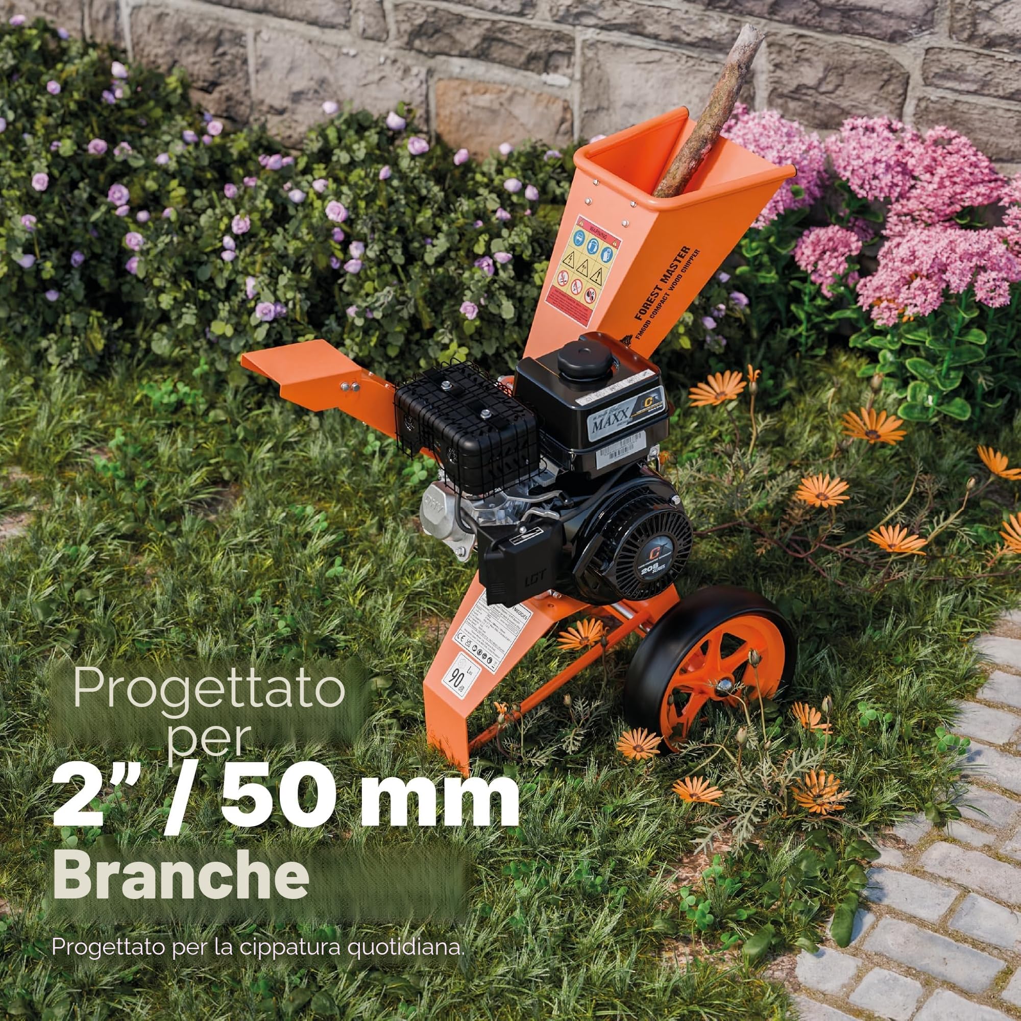Forest Master 6hp - Cippatrice compatta a benzina con azionamento diretto 208 cc, 4 tempi, per produrre pezzi fino a 50 mm di diametro, portatile, leggera e ben bilanciata, facile da riporre