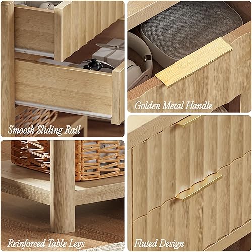 Miniatura 8 de Huuger Mesita de noche de 27.6 pulgadas de alto con estación de carga, puerto USB-C, mesita de noche acanalada con 2 cajones profundos, mesa