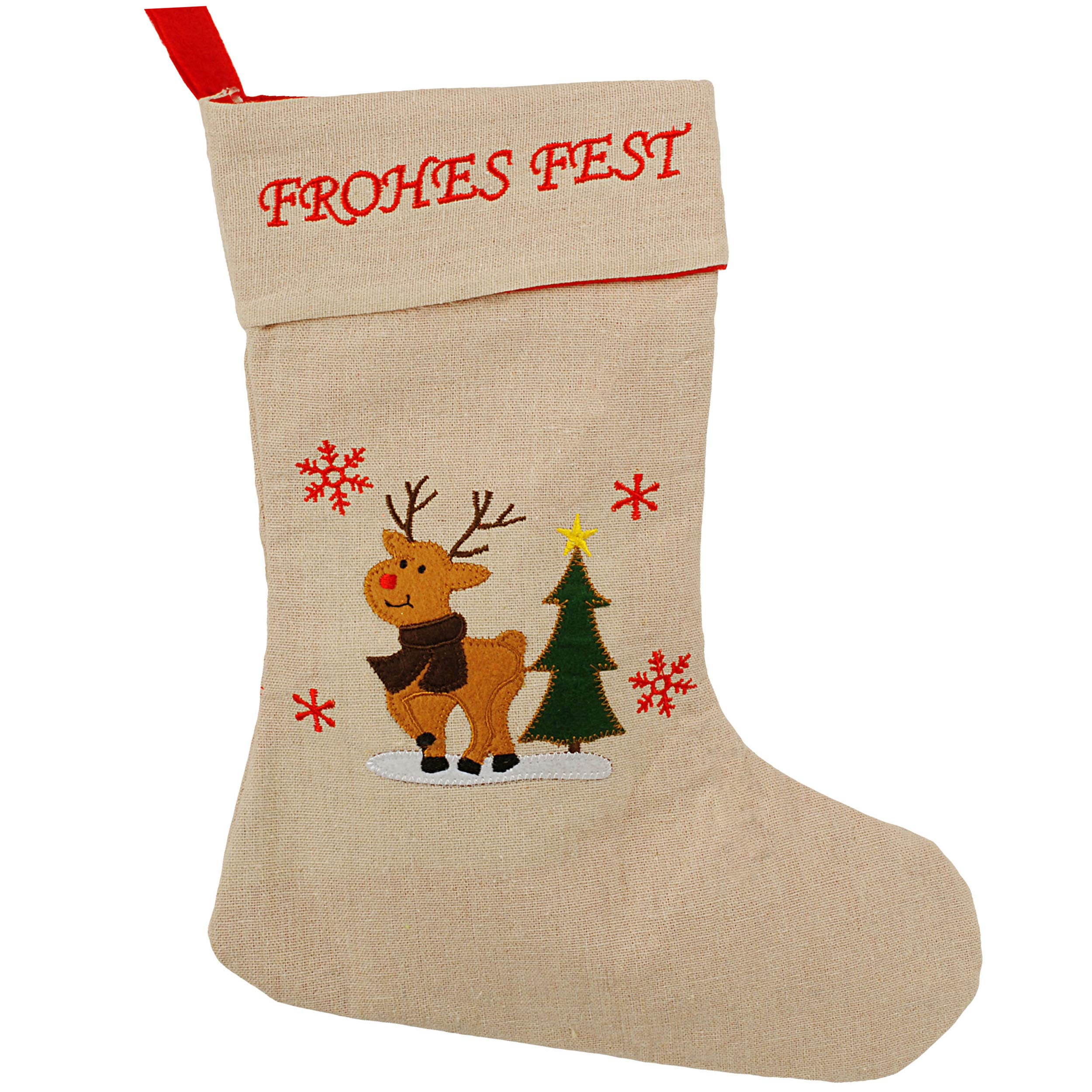 alles-meine.de GmbH 10 Stück XL - Weihnachtssocken & Weihnachtsstrümpfe - Frohes Fest - lustiger Elch/Rentier - 38 cm - rot - zum Aufhängen - Nikolausstiefel - Nikolausstrümp..
