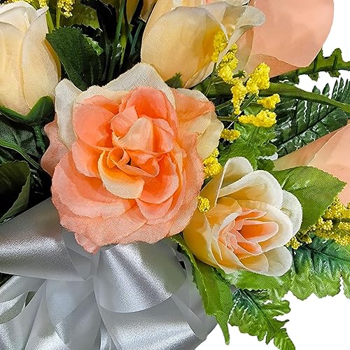 Miniatura 3 de Realistic Artificial Cemetery Flowers - Silk Faux Floral Peach Rose and Calla Lily Bouquet for Grave - 1 Headstone Decoration - Memorial Flowers