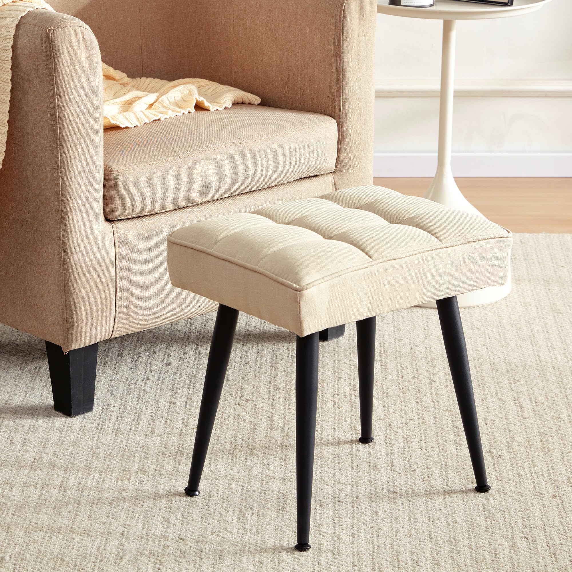 RUCUKEN 17.5 inch Vanity Stool Vanity Chair for Makeup Room Small Ottoman Foot Rest Foot Stool for Vanity Makeup Stool Chair Footstool with Black Metal Legs Linen Fabric Beige