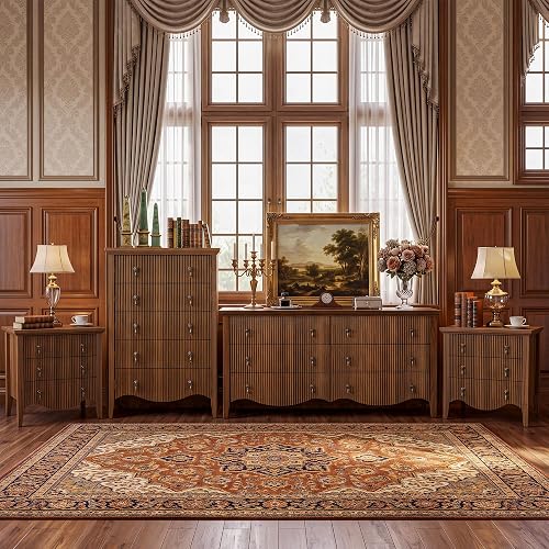 4-Piece Farmhouse Bedroom Set,6+5-Drawer Dresser,2 Nightstands,Walnut