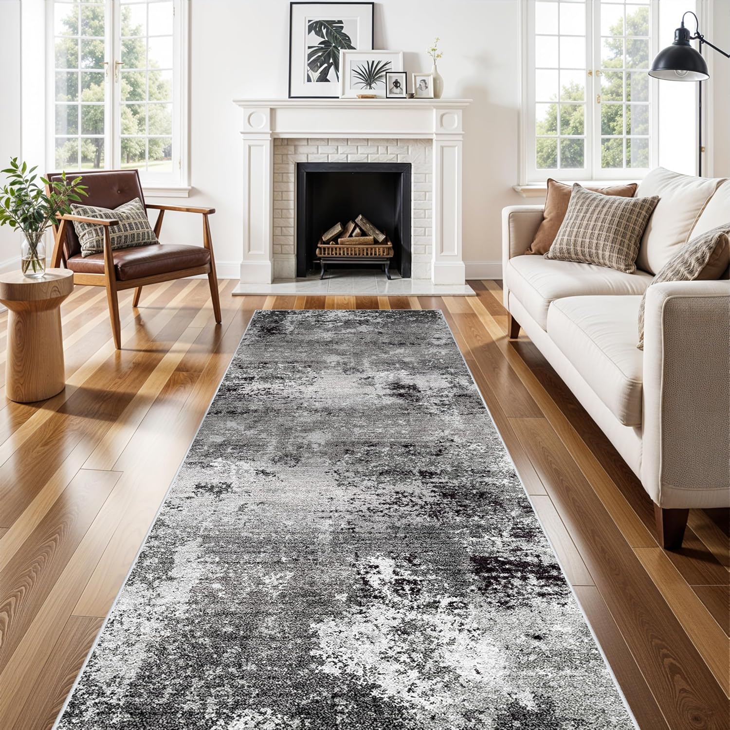 3x10 Washable Hallway Runner Rug - Non Slip Modern Wide Carpet for Kitchen Entryway Bathroom with Rubber Backing,Low Pile Thin Long Floor Runner Indoor（Black Grey,3x10）