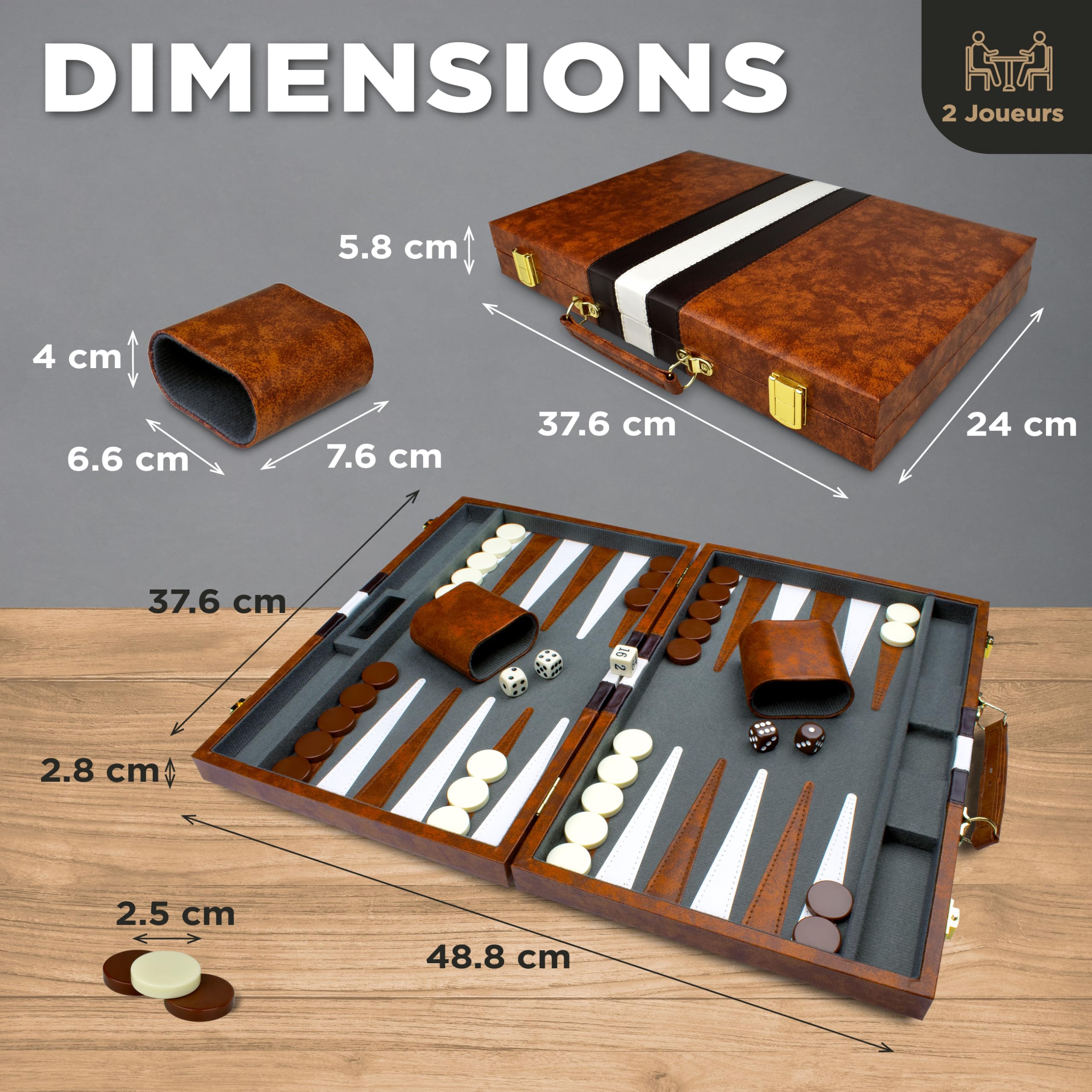 Grand Jeu De Backgammon pour Adultes - Jeux De Société Classiques pour 2 Joueurs Adultes Et Enfants - Jeu De Backgammon Premium avec Plateau 38 Cm Et 32 Pions dans Étui en Cuir PU De Qualité