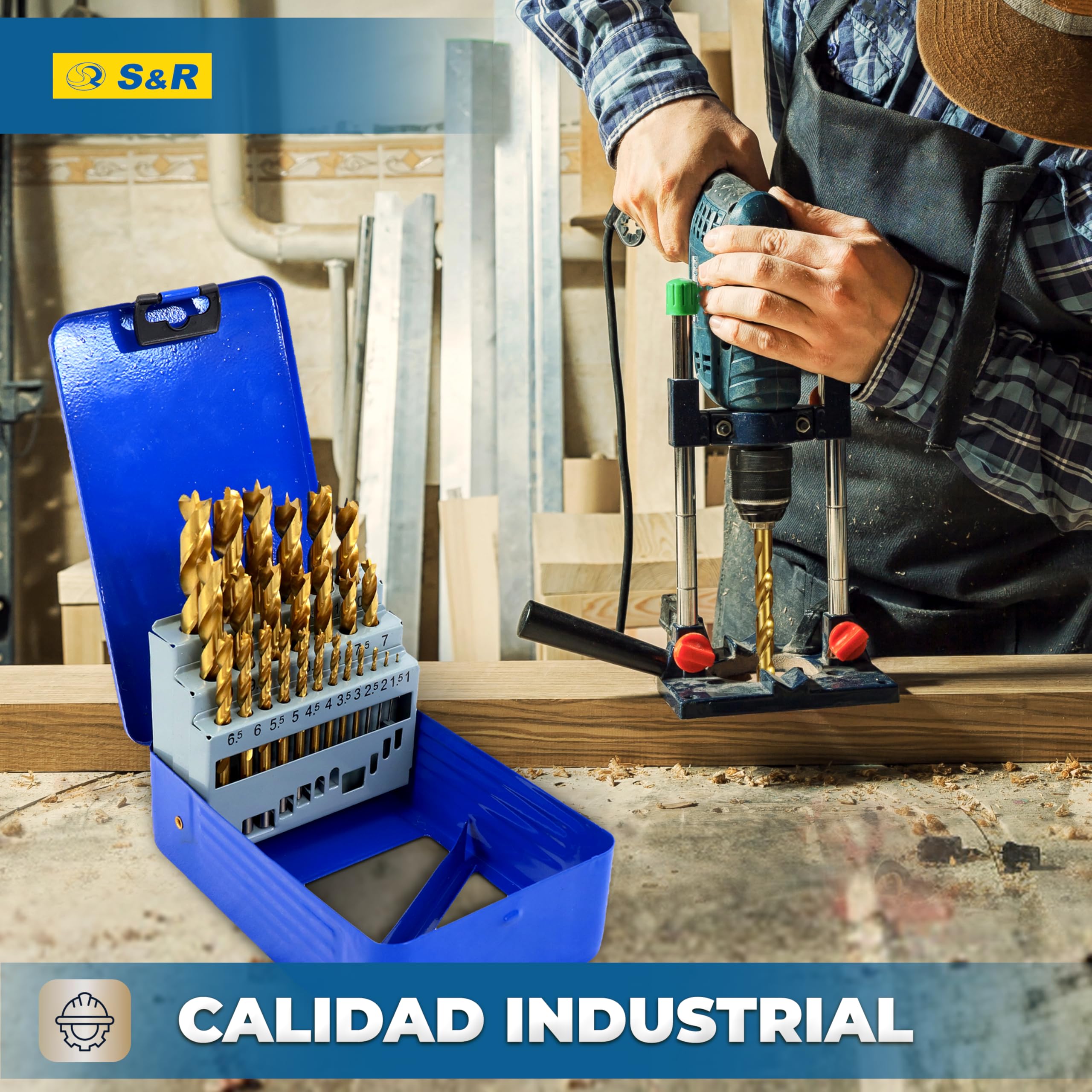 S&R Brocas para Madera Professionales 25 piezas 1-13 mm en acero HSS | 4241titanio - Brocas para taladro manual y de columna