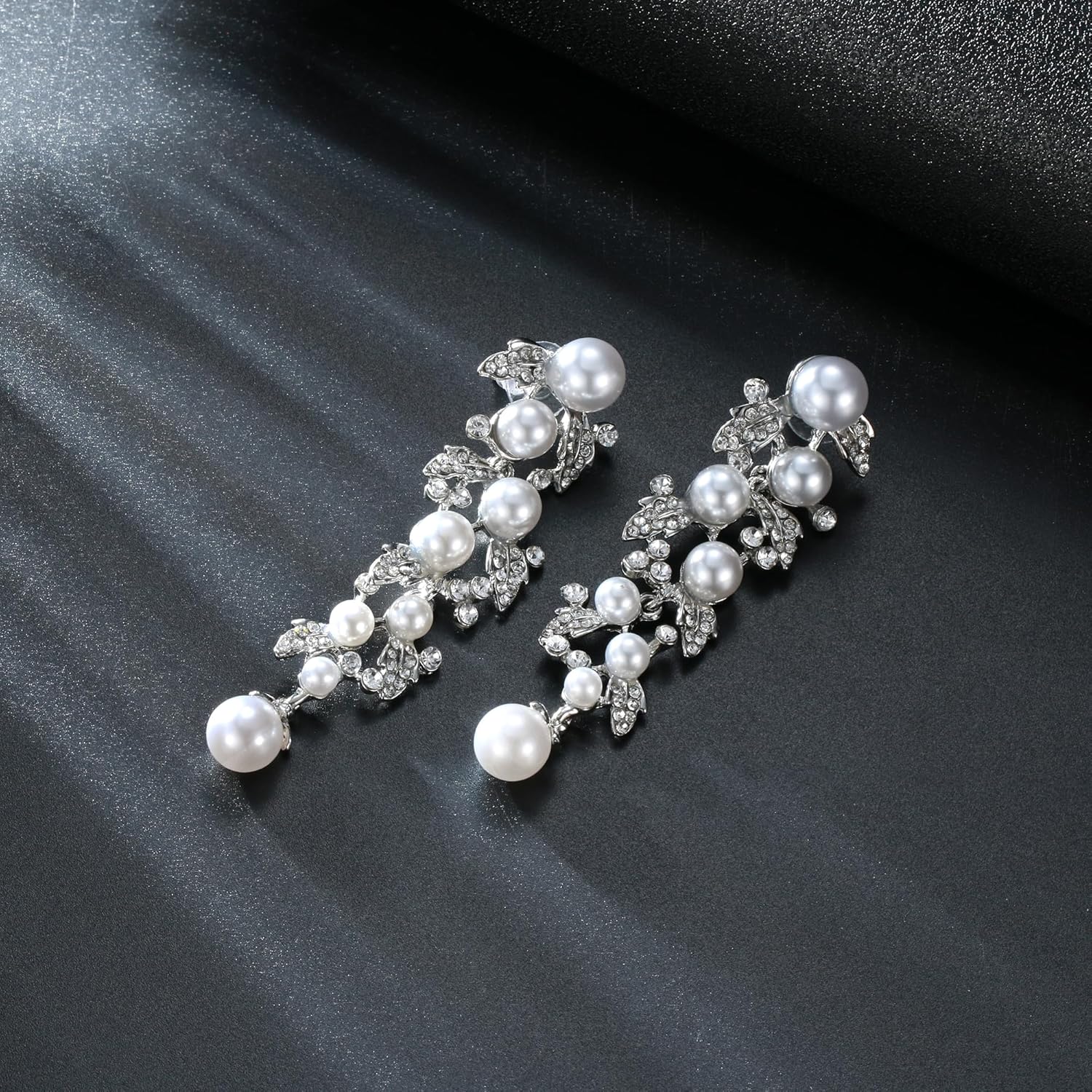 EVER FAITH Women's Austrian Crystal Simulated Pearl Bridal Leaf Dangle Earrings - Image 4