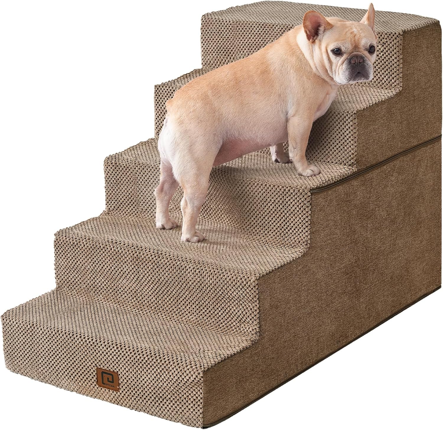 EHEYCIGA Dog Stairs for High Bed 25”H, 5-Step Extra Wide Dog Steps for Bed, Pet Steps for Small Dogs and Cats, Non-Slip Balanced Dog Indoor Ramp, Camel